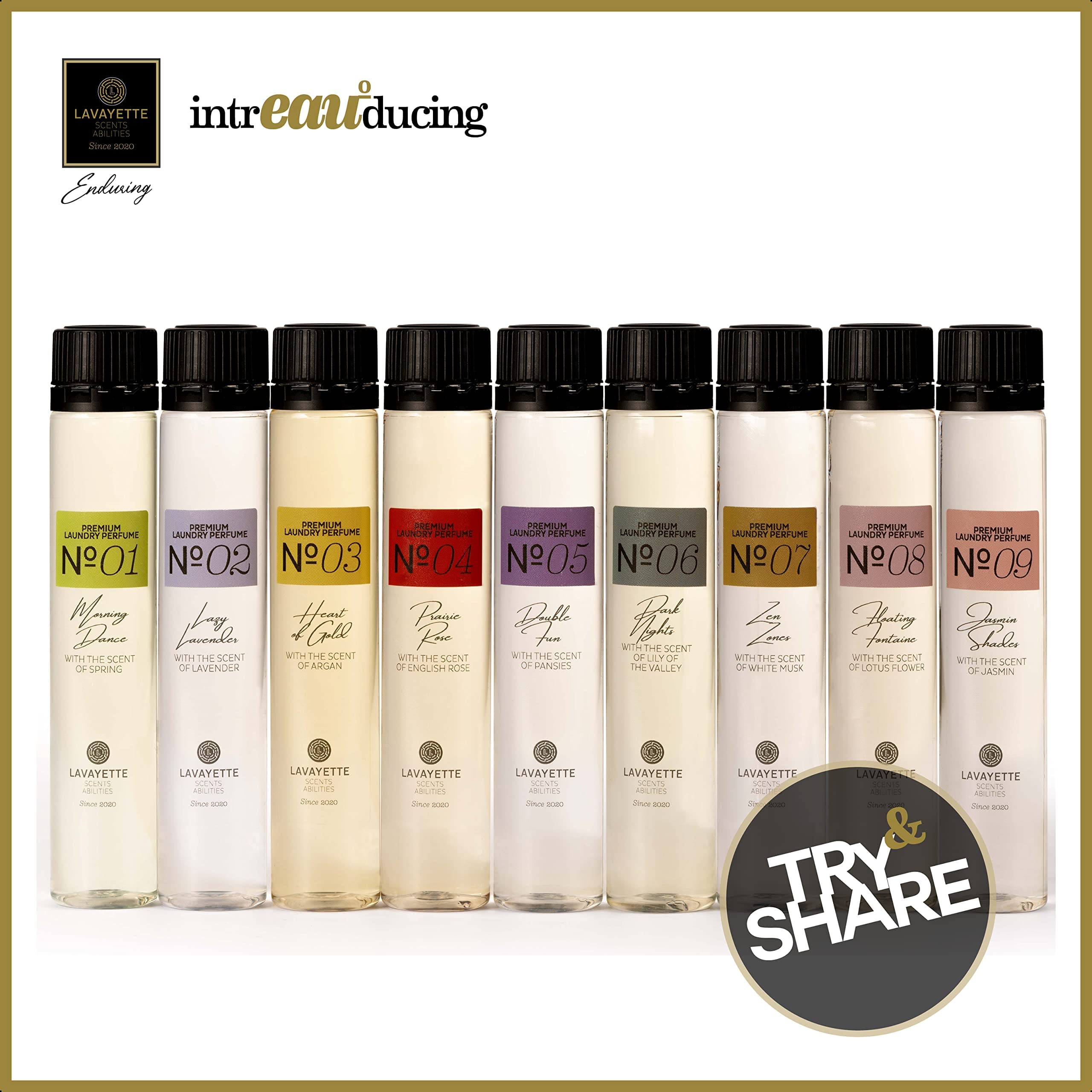Premium - Wäscheparfüm Testpaket - Duft für Kleidung, Leinen, Bettwäsche - Geruchsentferner, Wäscheduft - 9x25 ml