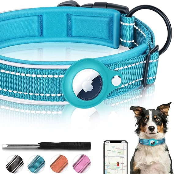 Reflective AirTag Dog Collar, FEEYAR Padded Apple Air Tag Dog Collar