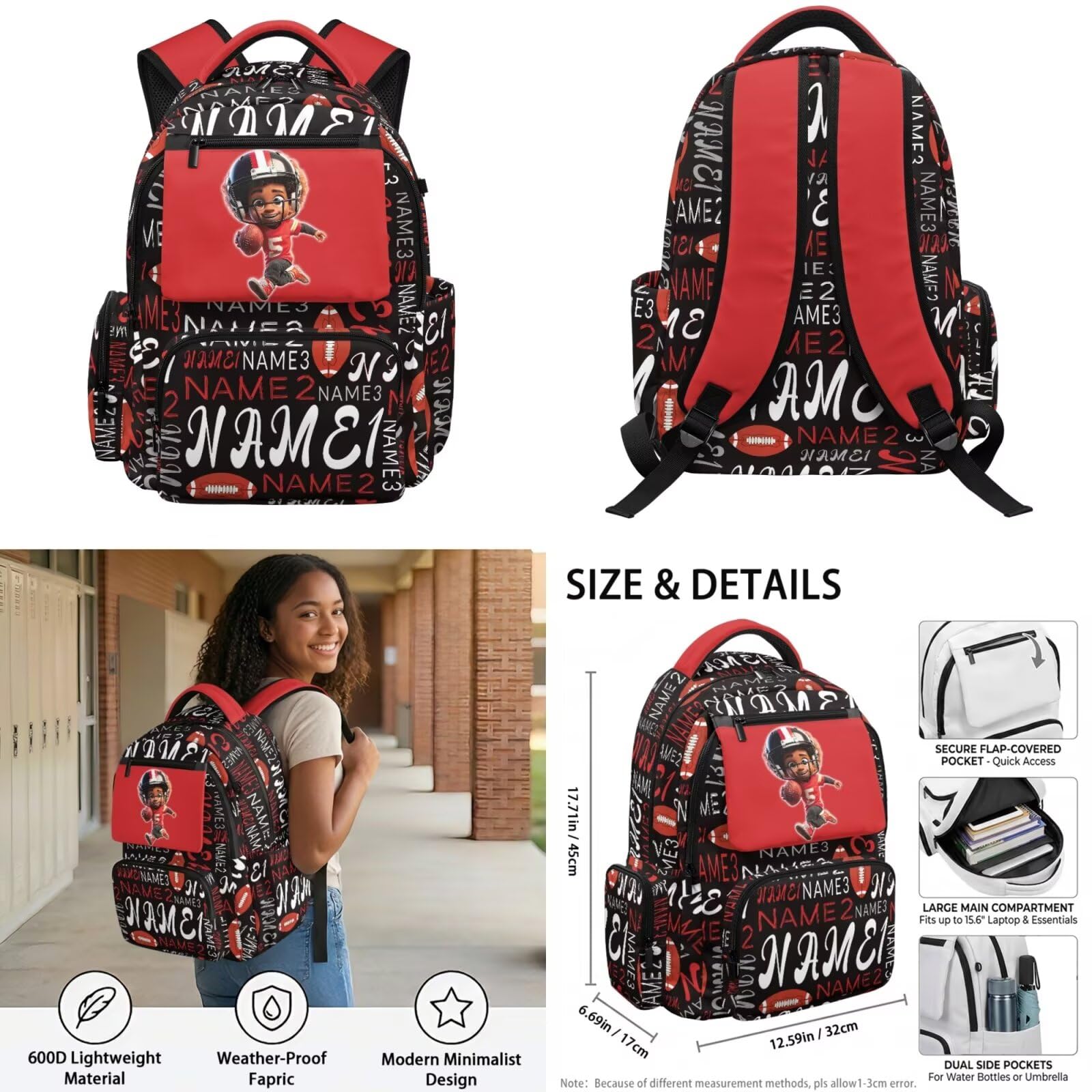 Howilath Zaino per bambini ragazze ragazzi con set portapranzo isolato, set di zaino per la scuola elementare 4 in 1, Nome personalizzato Football Player Boy, L, Classico