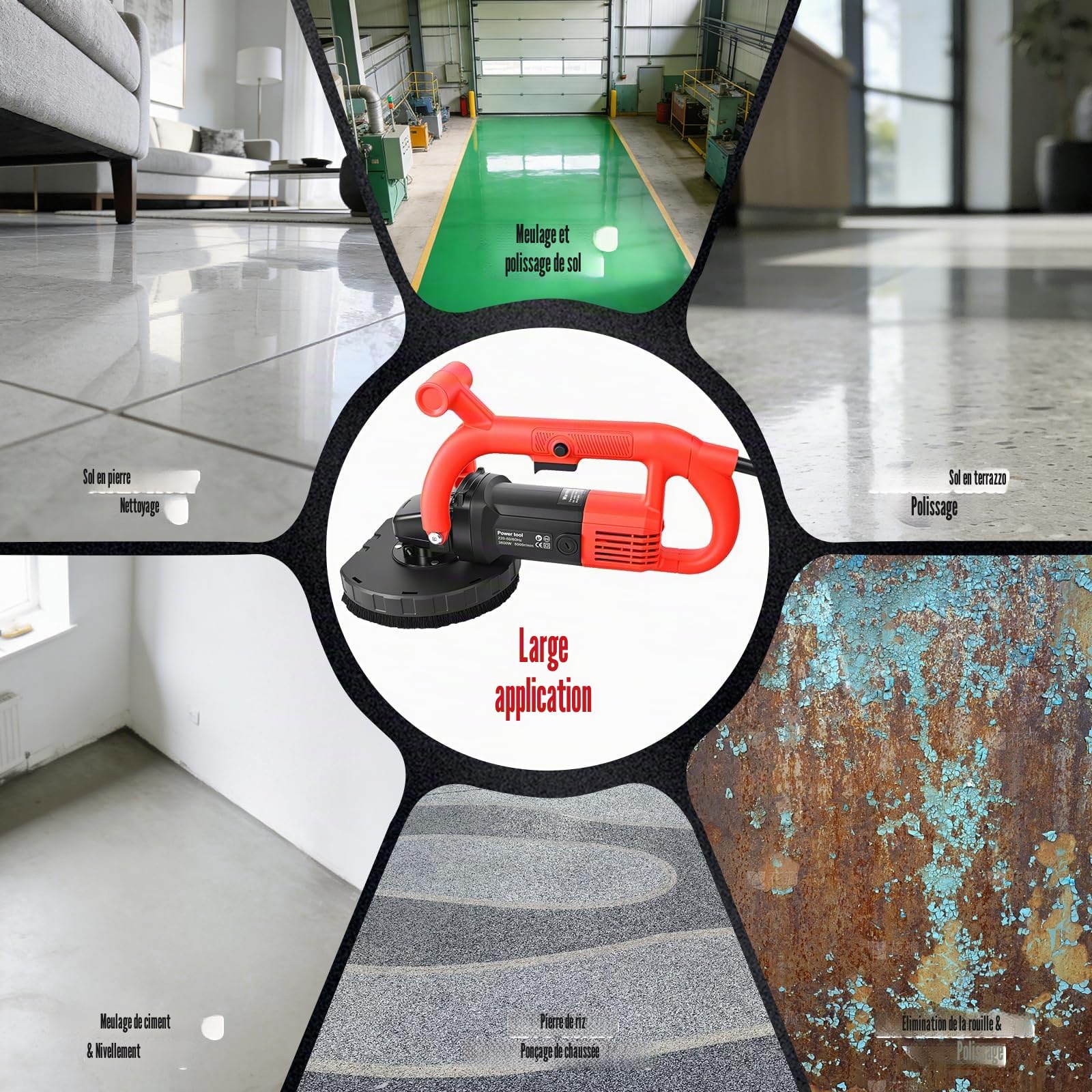 Broyeur à Béton 3800W, 6 Vitesses Broyeure de Fraisage avec Meule Diamant 180mm, 5000 RPM Broyeur de Sol pour Enlèvement Colle Carrelage Peinture, Outil Rénovation Mur