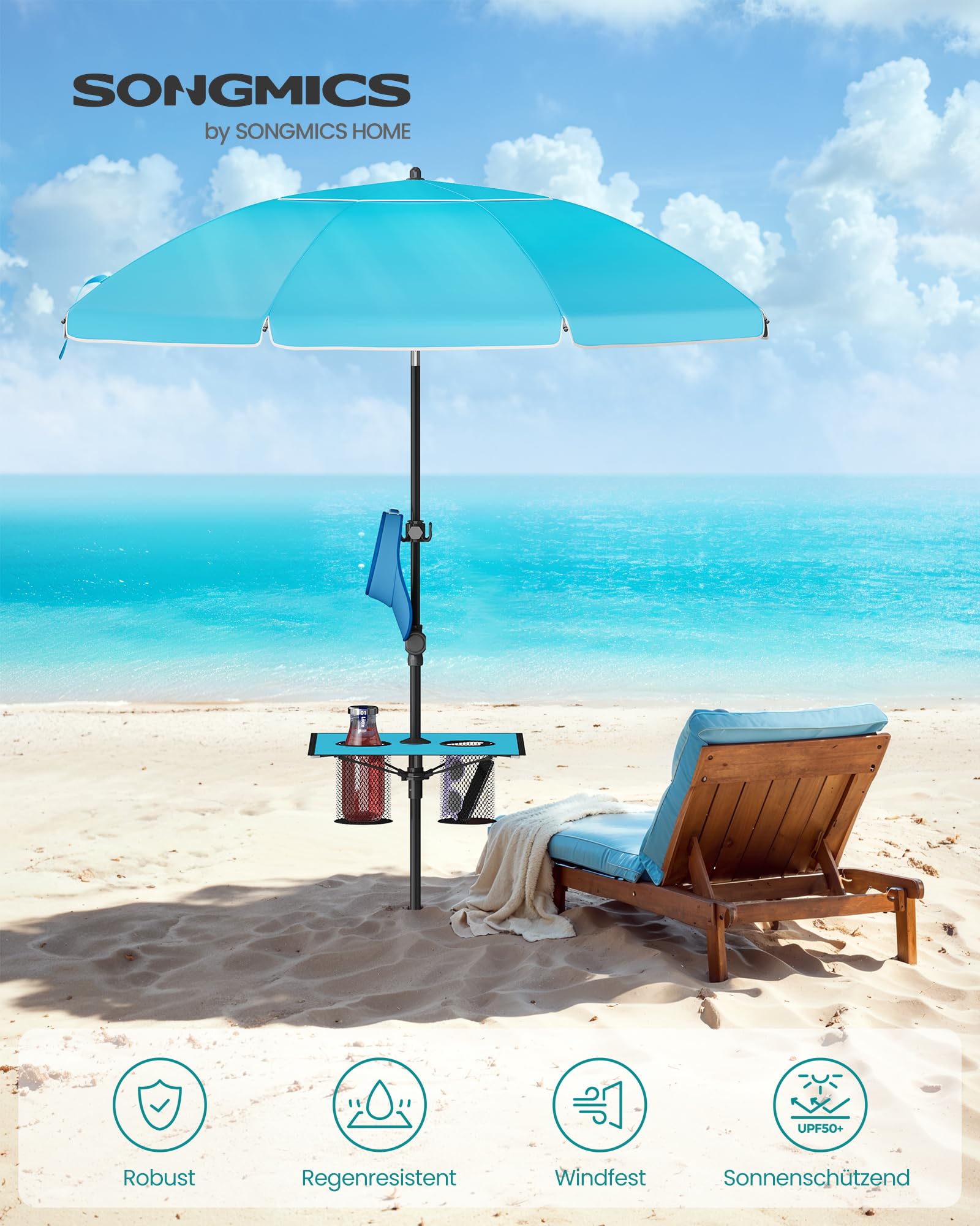 SONGMICS Sonnenschirm 200 cm, Strandschirm, Sonnenschutz UPF 50+, beidseitig um 30° knickbar, höhenverstellbar, Ablagefläche, Haken, für Strand, Garten, ohne Ständer, blau GPU0082Q01