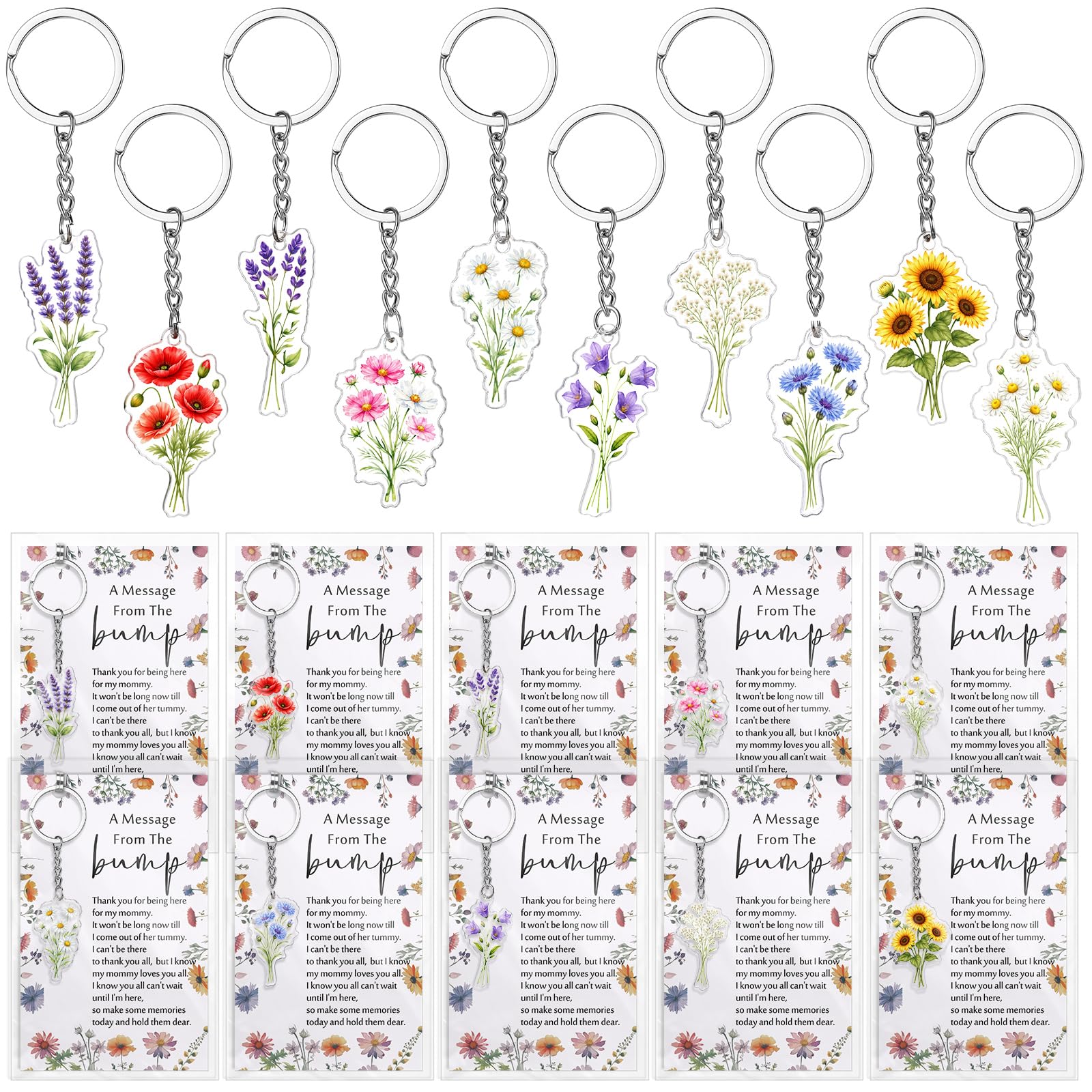 Landical 25 juegos de recuerdos de fiesta de baby shower para invitados, 25 llaveros acrílicos, 25 tarjetas de agradecimiento para fiesta de revelación de género del bebé (colorido, flor silvestre)