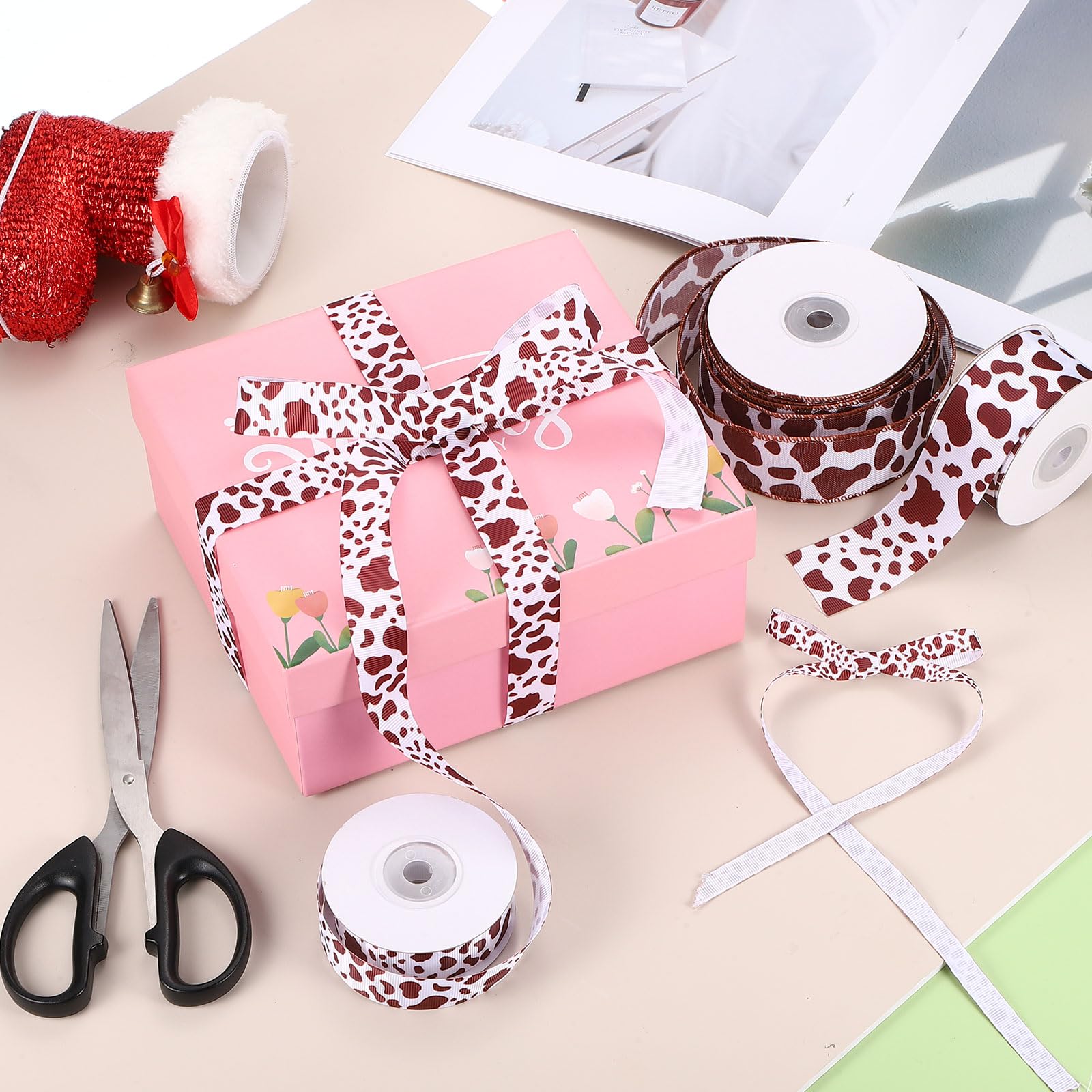PATIKIL 10 Yards Ribbon for Gift Wrapping 1pcs 63mm (2 1/2inch) Cow Print Ribbons for Crafts Thin Ribbon for Wedding Decoration Gifts Home Coming-Mum Hat Bow - Image 4