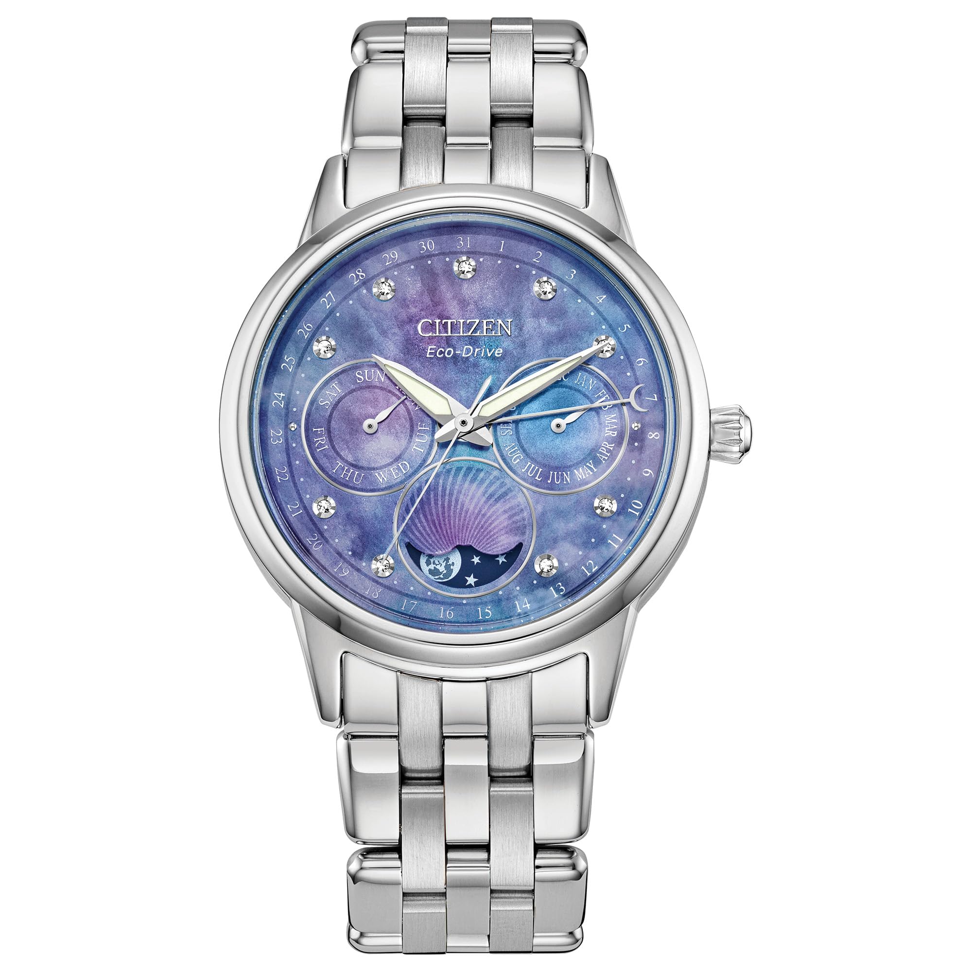 Women's Eco-Drive Calendrier, Moon Phase Diamond Accents Dial, Stainless Case and Bracelet Watch, Month/Day/Date