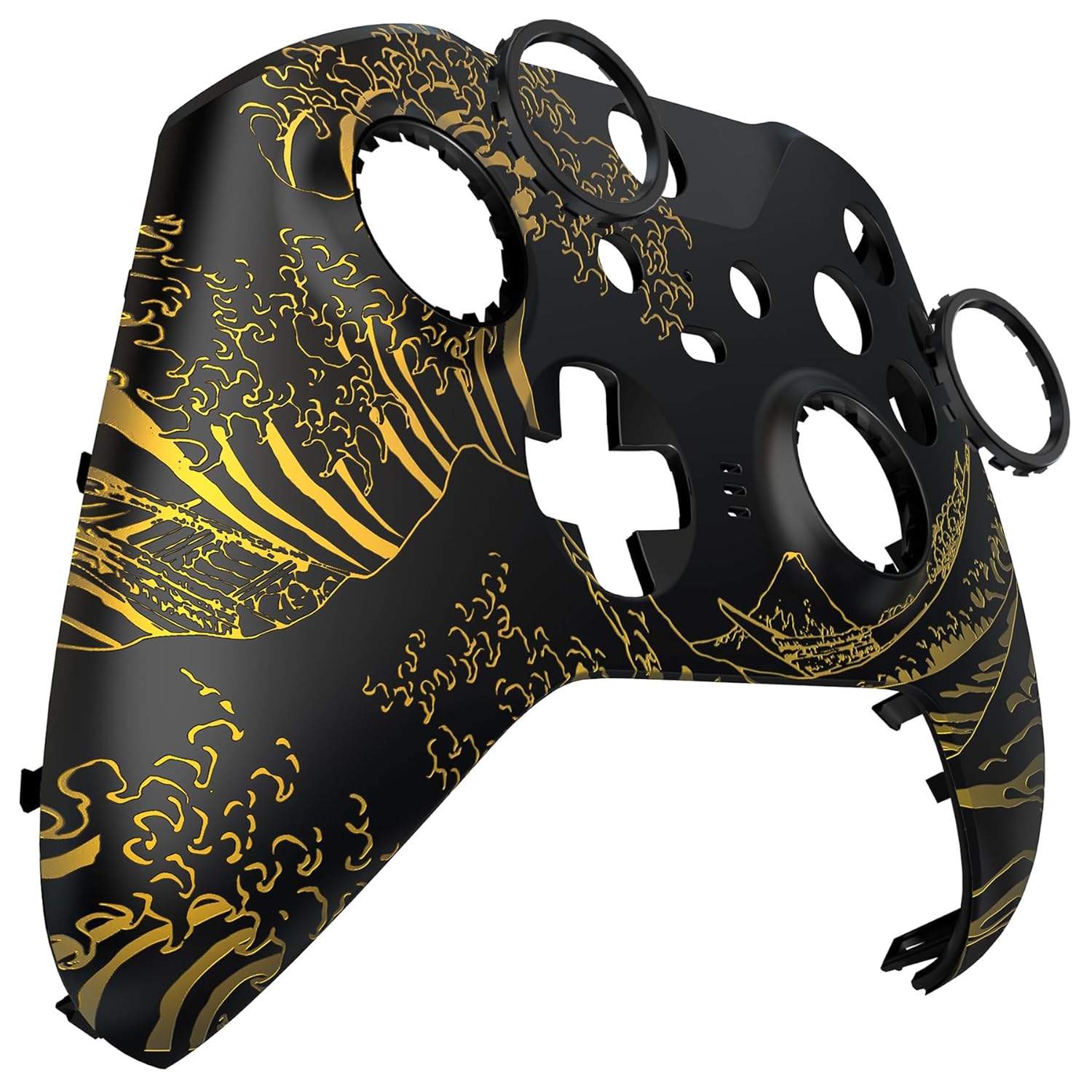 eXtremeRate The Great GOLDEN Wave Off Kanagawa - Black Faceplate Cover, Front Housing Shell Replacement Kit for Xbox One Elite Series 2, Xbox Elite 2 Core Controller Model 1797 - Accent Rings Included