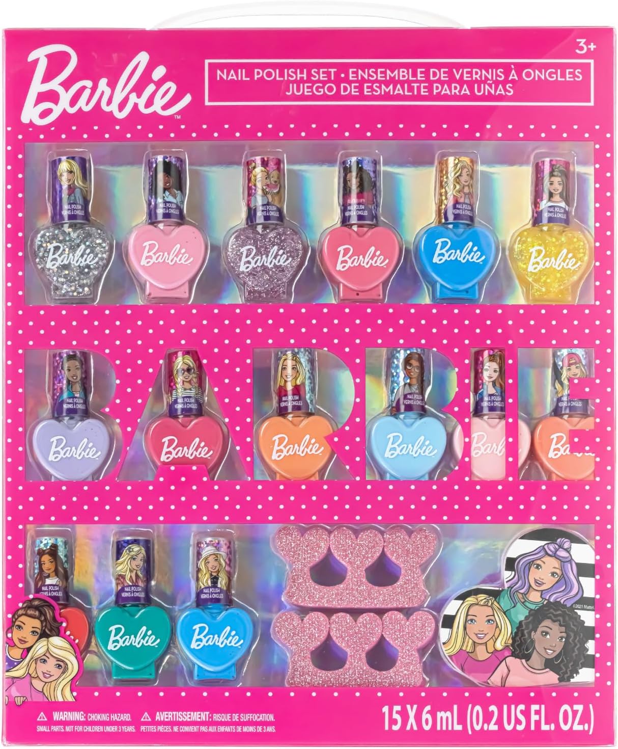 Barbie 18 Piece Set Kids Water Based Nail Polish Makeup Set, Includes 15 Nail Polishes with 2 Toe Spacer and 1 Nail File for Girls Ages 3+ by Townley Girl