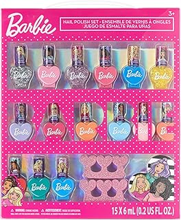 Barbie 18 Piece Set Kids Water Based Nail Polish Makeup Set, Includes 15 Nail Polishes with 2 Toe Spacer and 1 Nail File for Girls Ages 3+ by Townley Girl