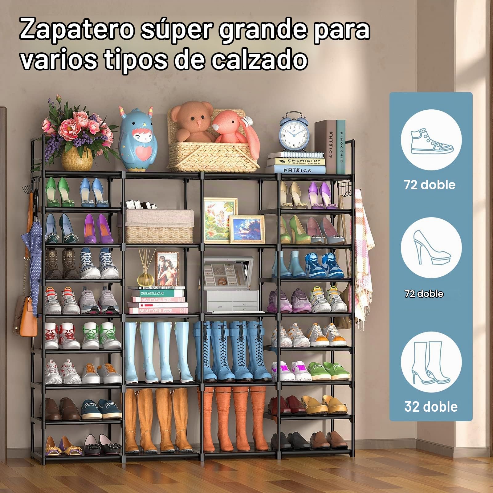 Finew Zapatero de 9 Niveles, estantes de Metal para Zapatos, Zapatero Grande para 64-72 Pares de Zapatos, 4 Filas de estantes de pie con Ganchos, para salón, vestidor y Pasillo