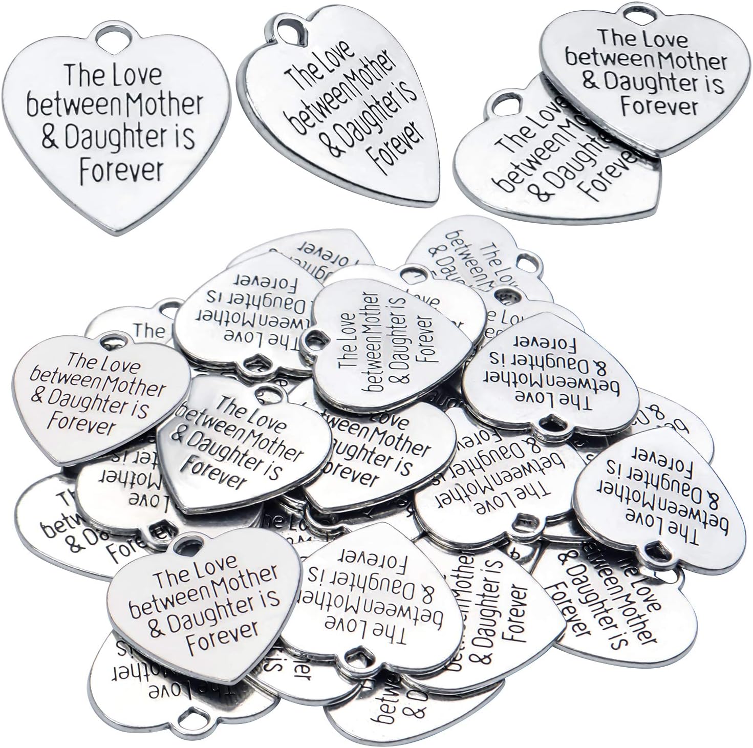 Aylifu 30pcs Heart-shaped Charms with Message 'The Love Between Mother & Daughter is Forever' Crafts Supplies Jewelry Findings for Bracelet Necklace Keychain Pendants