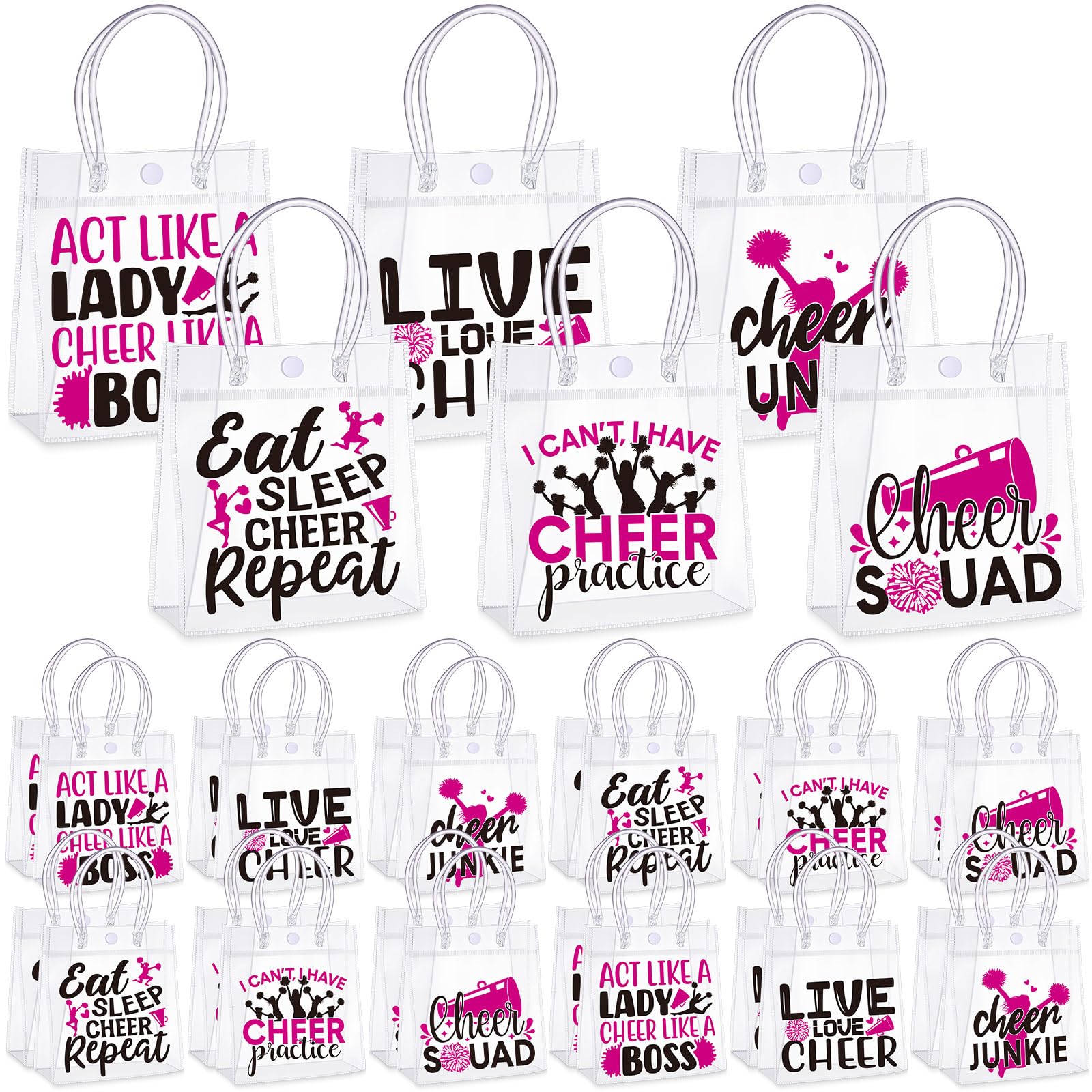 Sweetude 24 Pcs Cheer Bags Bulk Clear Treat Bags with Handles for Cheer Team 6 Style PVC Cheerleader Gift Bag Bulk Pink Treat Cheerleader for Cheerleading Teammates Party Supplies