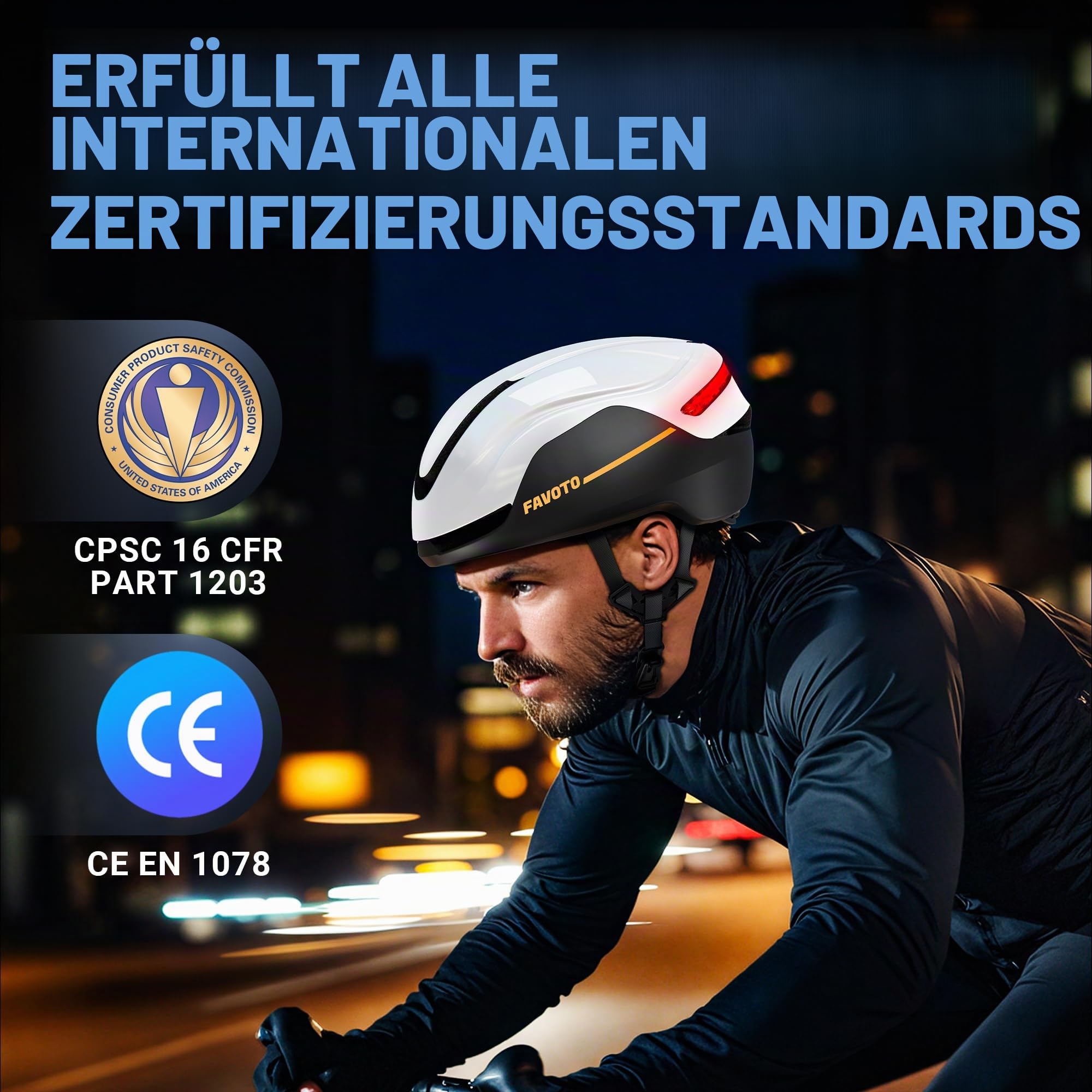 Favoto Smart Fahrradhelm mit Lichtern und Blinkern, CE-zertifizierter Fahrradhelm für Erwachsene mit Fernbedienung, 3 Rotlichtmodi: atmen, blinken, stetig