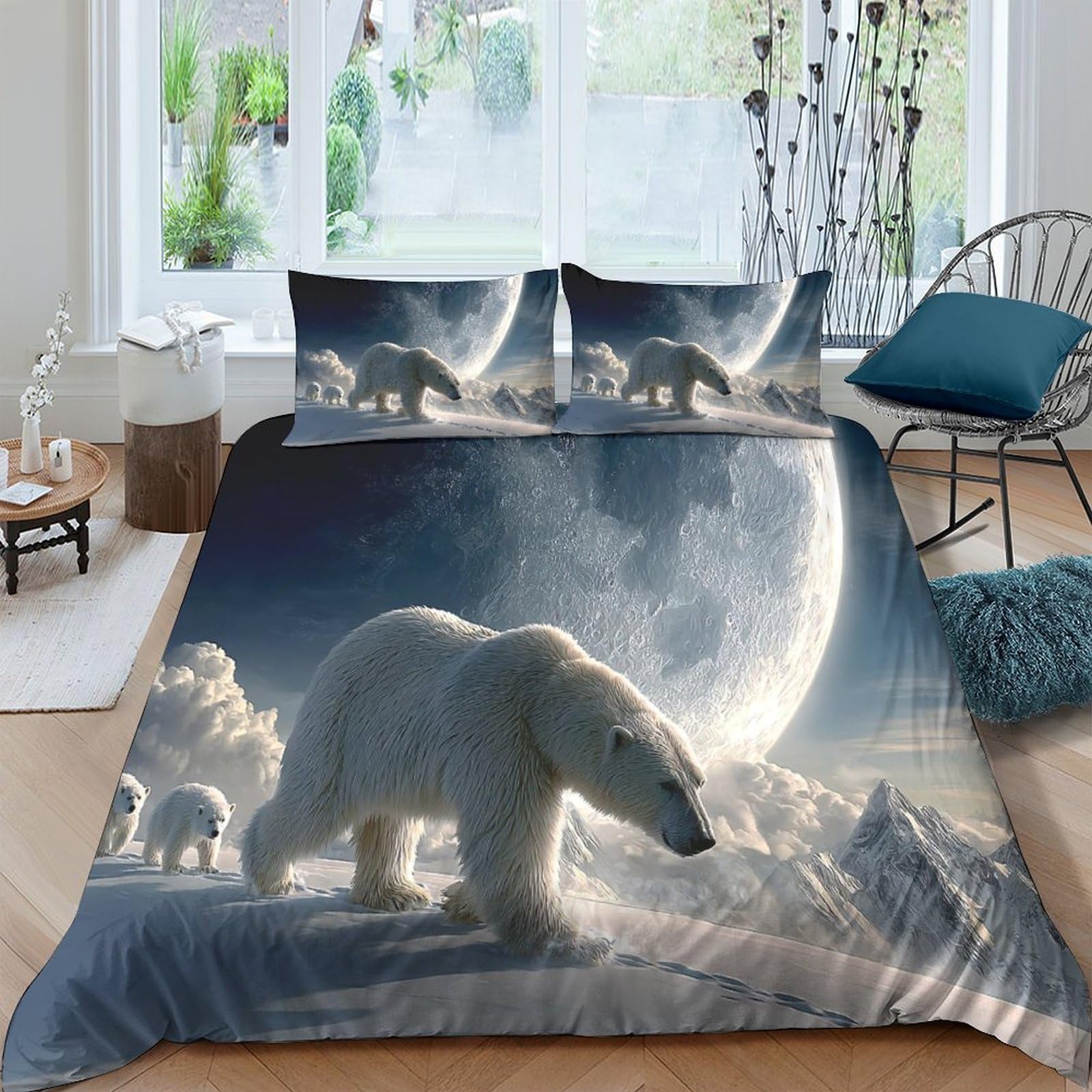 Ctjqhvkz Style-4 3D Printed Polar Bear Moon Fitted Sheet Microfiber Soft Breathable Arctic Landscape Mattress Cover Bedroom Decor Single（135X200cm）