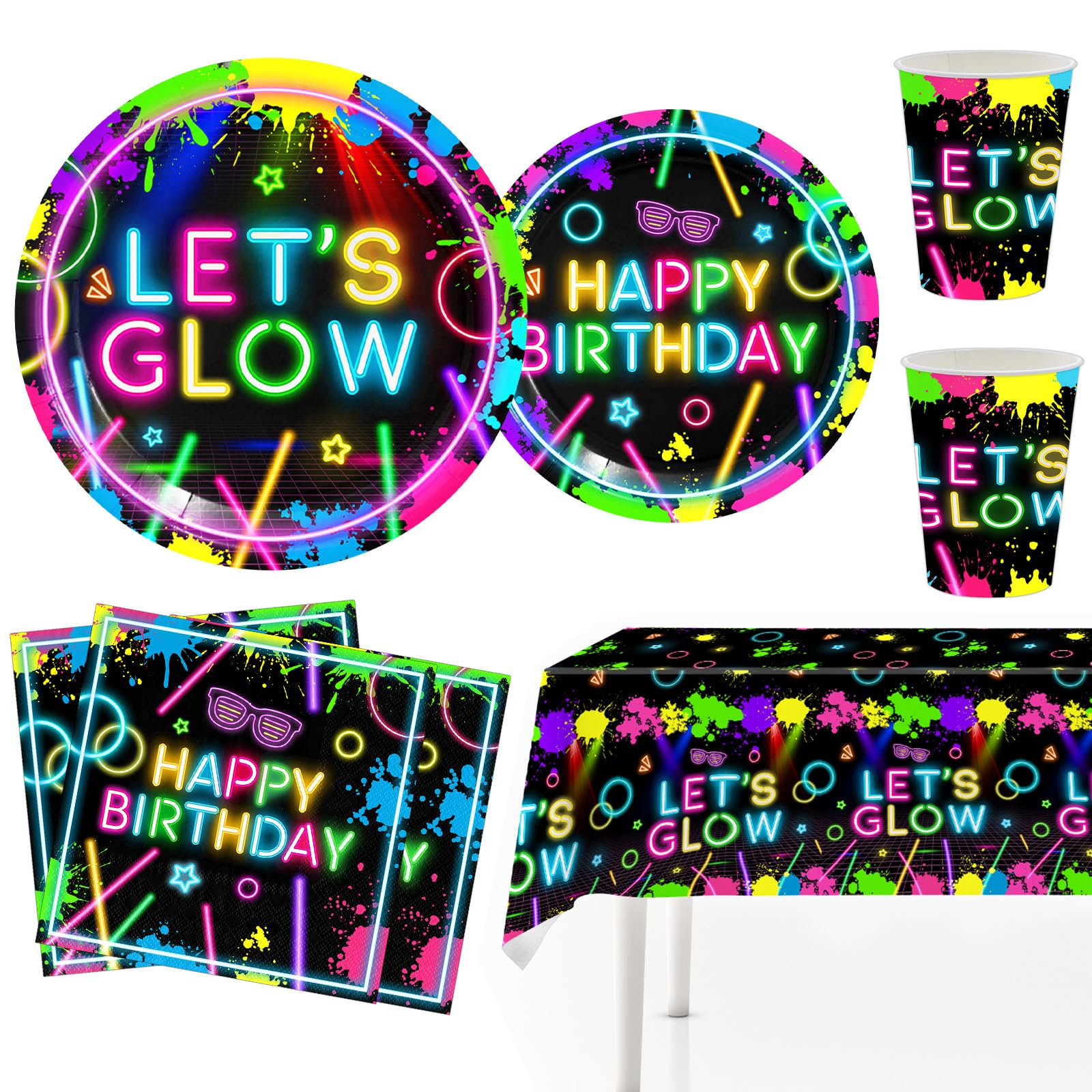 51 Pezzi Decorazioni Festa Neon, Set Tavola Fluo, Piatti Carta Fluorescenti, Glow Bicchieri, Tovaglioli, Forniture Tavola Festa per Bambini e Ragazzi