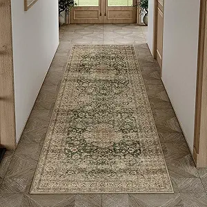 2x6 Washable Green Vintage Runner Rug for Kitchen Hallway Non-Slip Low Pile Soft Thin Carpet Traditional Retro Distressed Accent Throw Rug for Entryway Bathroom Indoor Bedroom