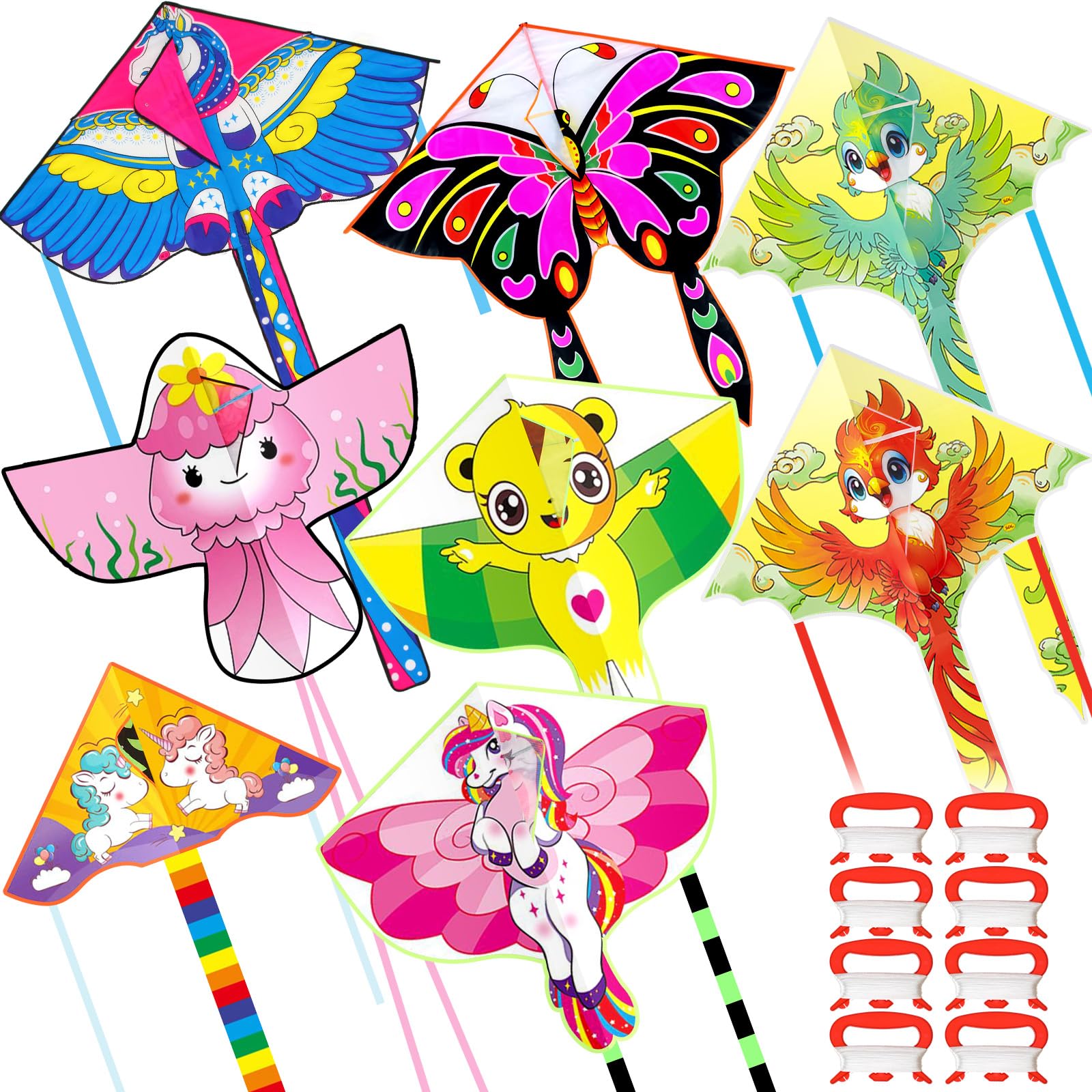 Foilswirl 8 Pack Kites for Kids Large Unicorn Cute Bird Butterfly Bear Jellyfish Kite Easy to Fly with 8 Pcs 109 Yard Nylon String Spool for Children