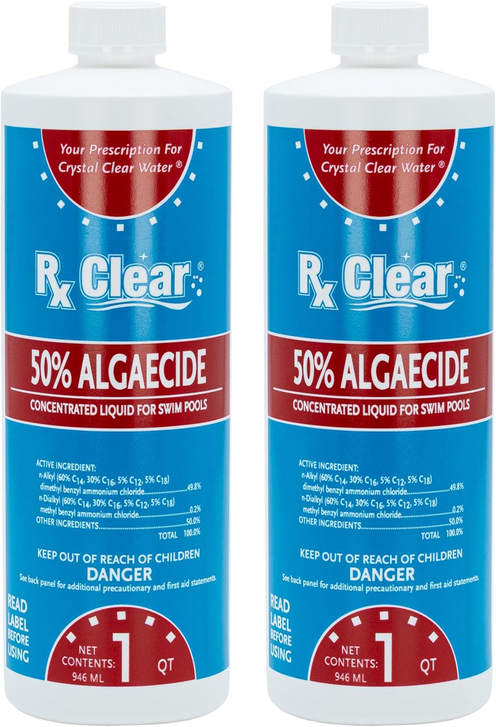Rx Clear Algaecide 50 Plus | 50 Percent Concentrated Liquid Algaecide for Above or In-Ground Swimming Pools | Safe Formula | Keeps Algae in Suspension | One Quart Bottles | 6 Pack