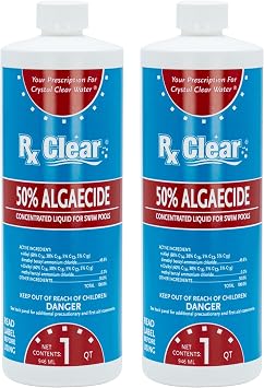 Rx Clear Algaecide 50 Plus | 50 بالمائة من السوائل المركزة للمسابح فوق أو داخل الأرض | الصيغة الآمنة | تحافظ على الطحالب في التعليق | زجاجات كوارت واحدة | 2 عبوة   