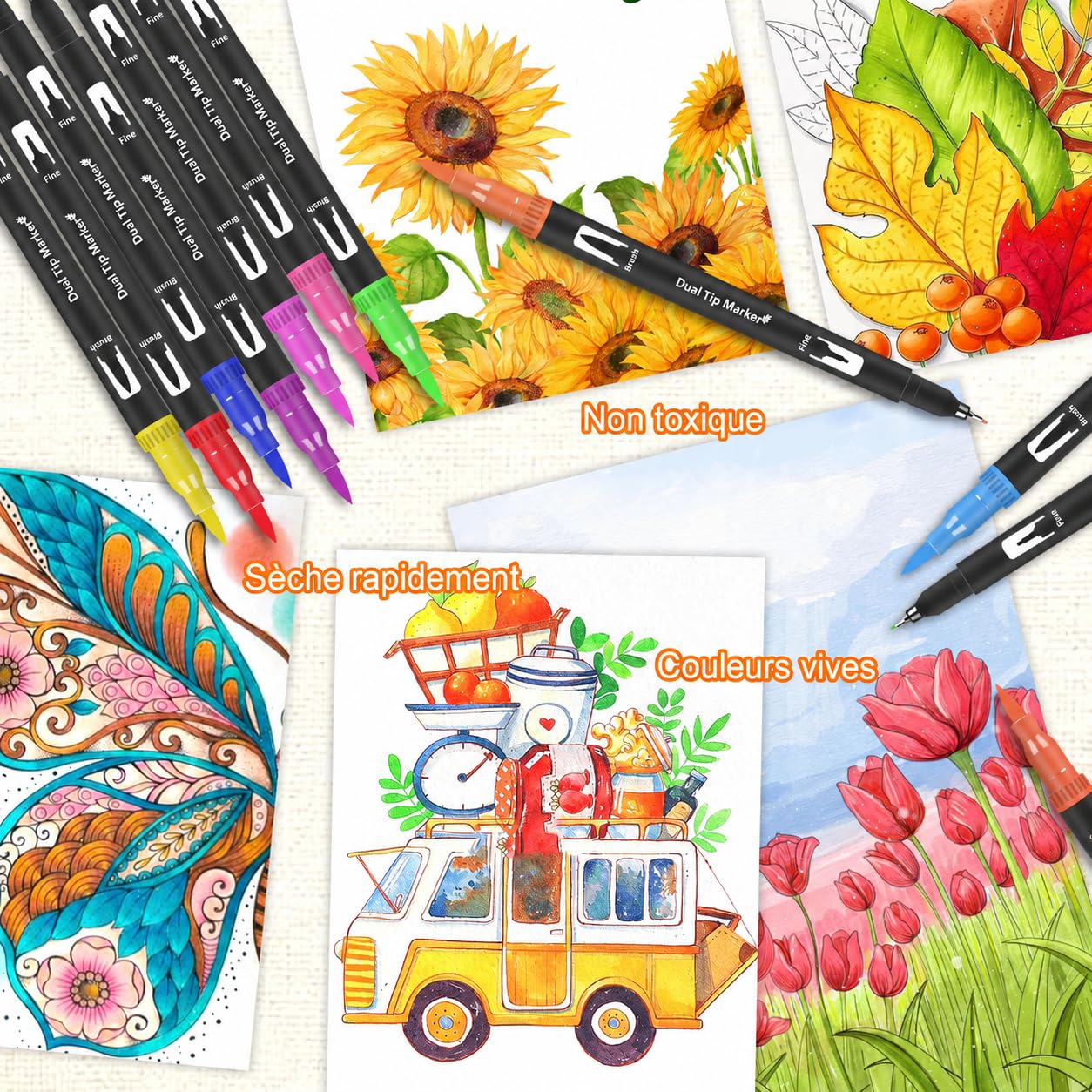 Gunsamg 80 Feutres Coloriage Adulte pour Dessiner, Manga, Doodling, Scrapbooking, Aquarelle Stylos Feutre Coloriage Enfants, Double Pointe Fine avec Livre de Coloriage et Cartes de Vœux