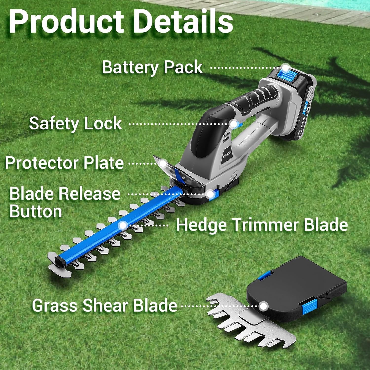 Cortasetos Bateria 20V: DEKOPRO Cortasetos Electrico 2 en 1 con Batería de 2000mAh y Cargador, Herramientas de Jardín, Tijeras de Poda, Tijeras de Césped