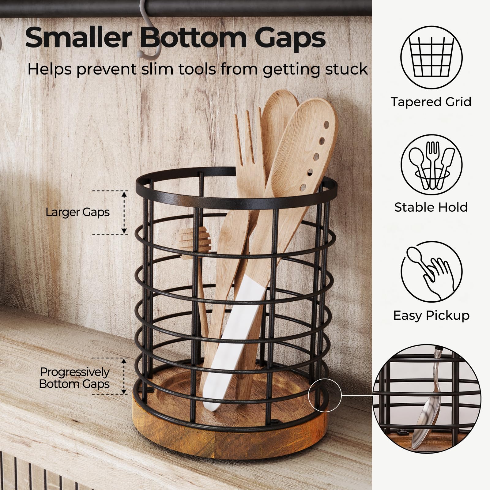 WILDMOS Soporte para utensilios para encimera de cocina, alambre negro con base de madera, soporte para utensilios de cocina de madera grande, organizador de utensilios de cocina.