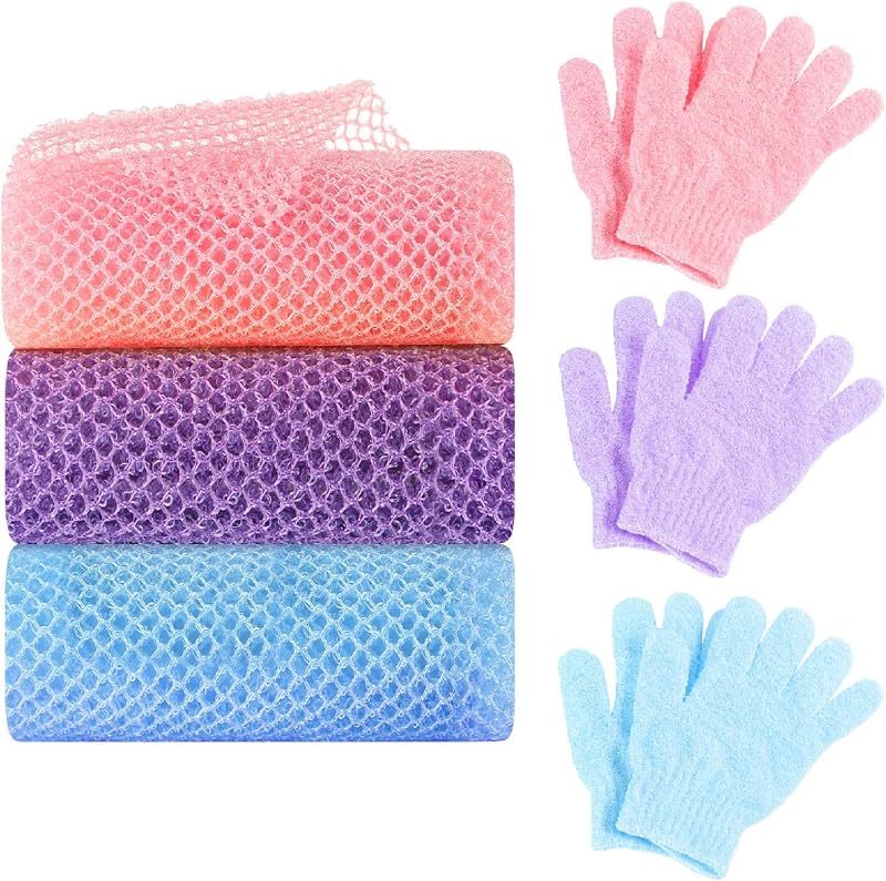 WSICSE Conjunto com 3 esponjas de banho de rede africana e 3 pares de luvas esfoliantes