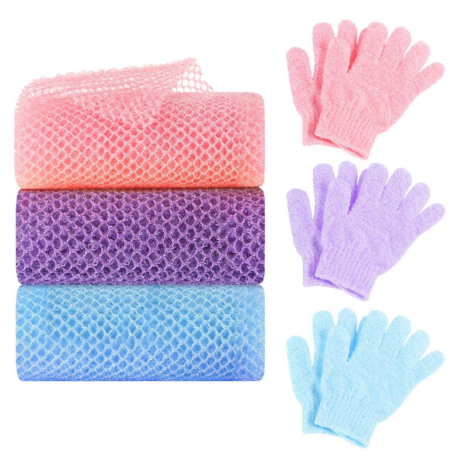 6 Pack African Net Sponge Exfoliating Glove Set, 3 Bath Sponge Body Scrubber Back Scrubber and 3 Pairs Exfoliating Gloves as Stocking Stuffers for Adults