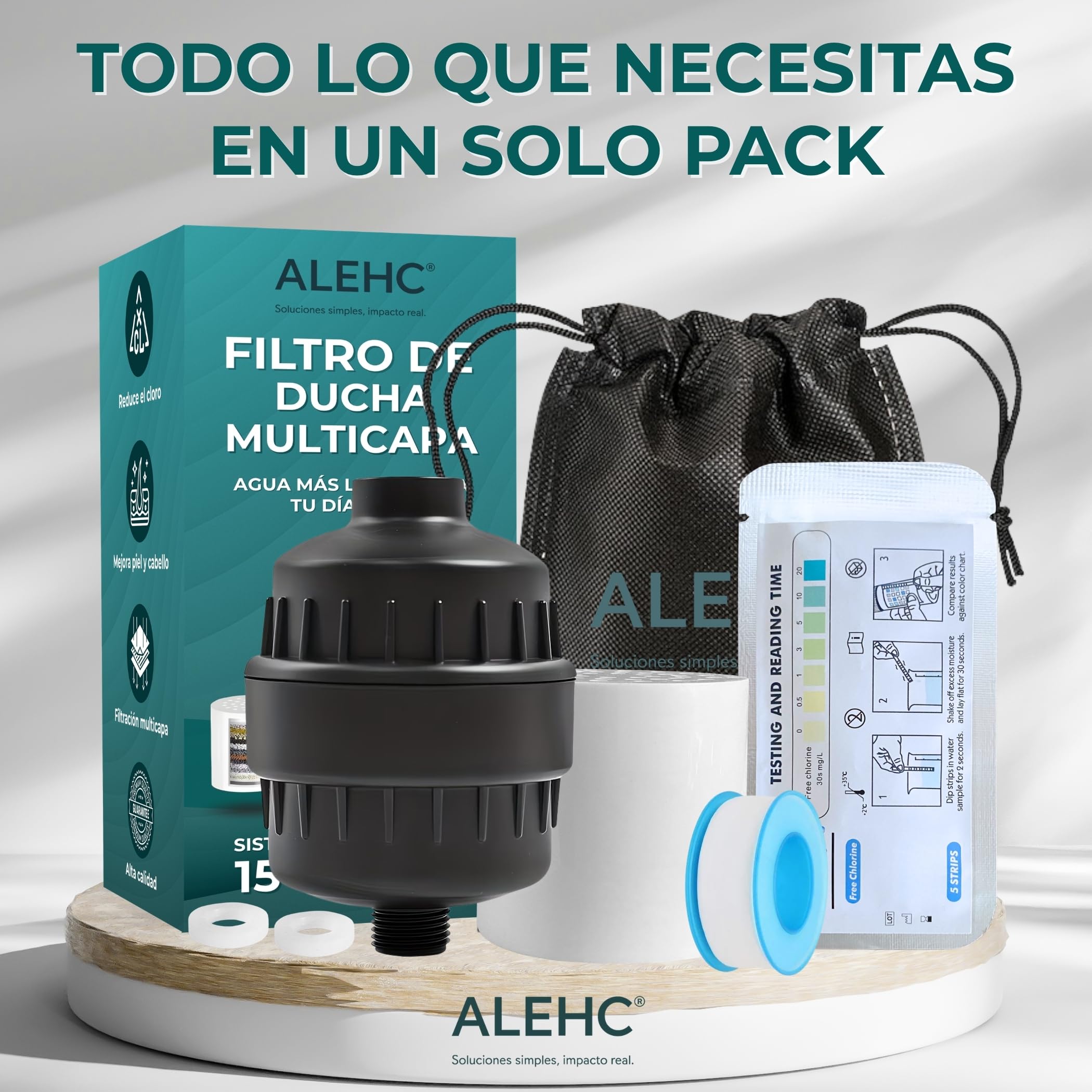 Filtro de Ducha Anticloro Negro Mate para Piel y Cabello, Filtro Agua Ducha para Agua Dura, Reduce Cloro y Cal, Agua Más Suave, Incluye Tiras Test Orientativas, Cartucho de Repuesto