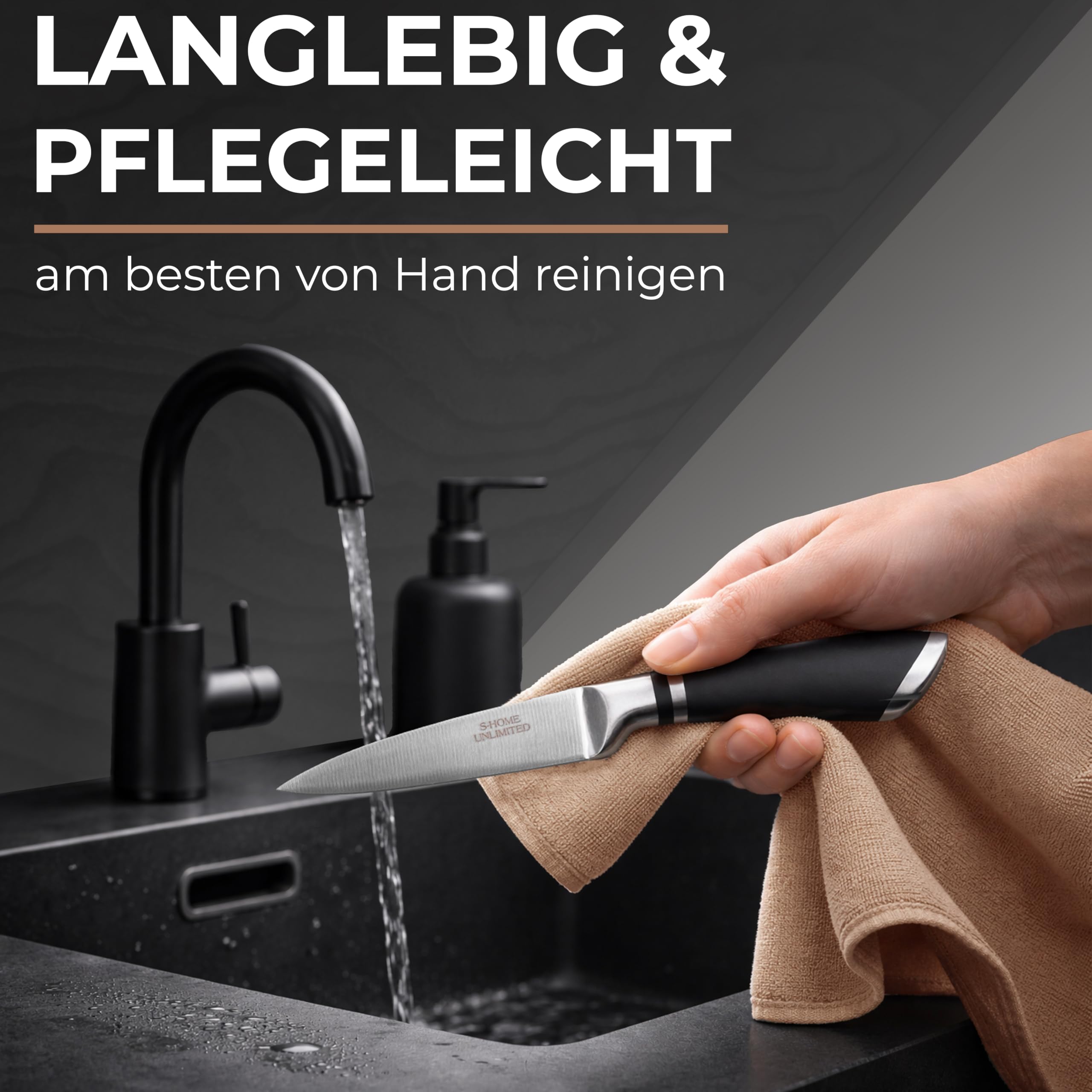 Messerblock mit Messern | 6-teiliges Set inkl. Schärfer | Ergonomische Edelstahlgriffe | Edler Holzblock in Schwarz | Extrem scharf & langlebig