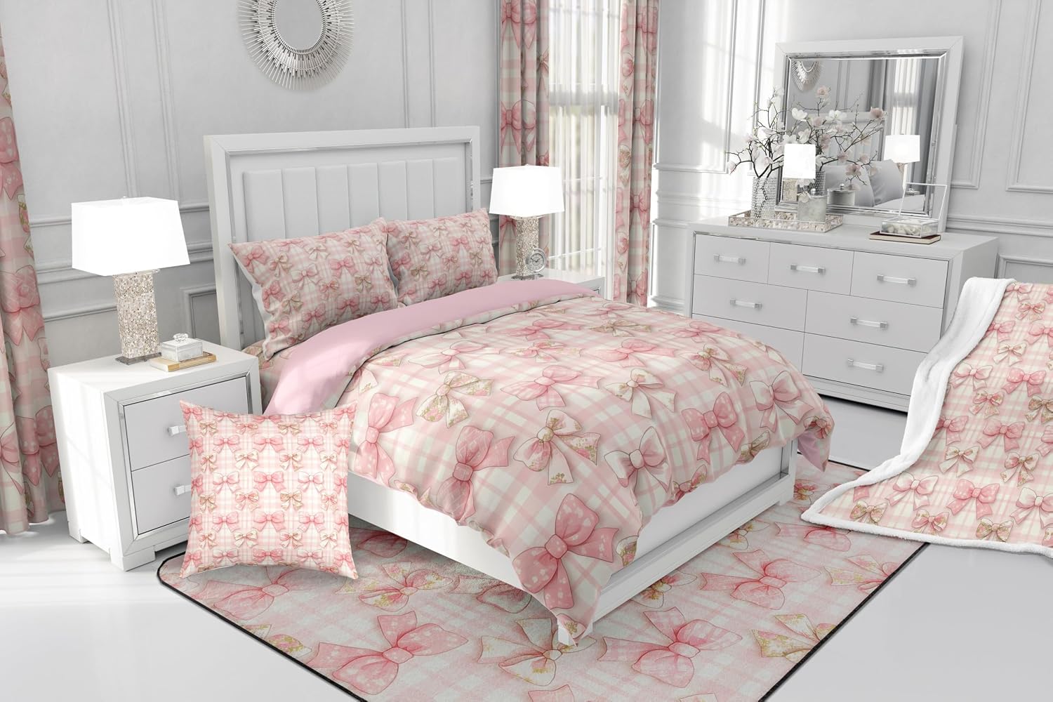 Manfei Pink Bowknot Duvet Cover Set Toddler Size,Bow Tie Knot Princess Bedding Set,Geometric Grid Patchwork Quilt Cover for Kids,Comforter Cover(No Filler),2 Pcs