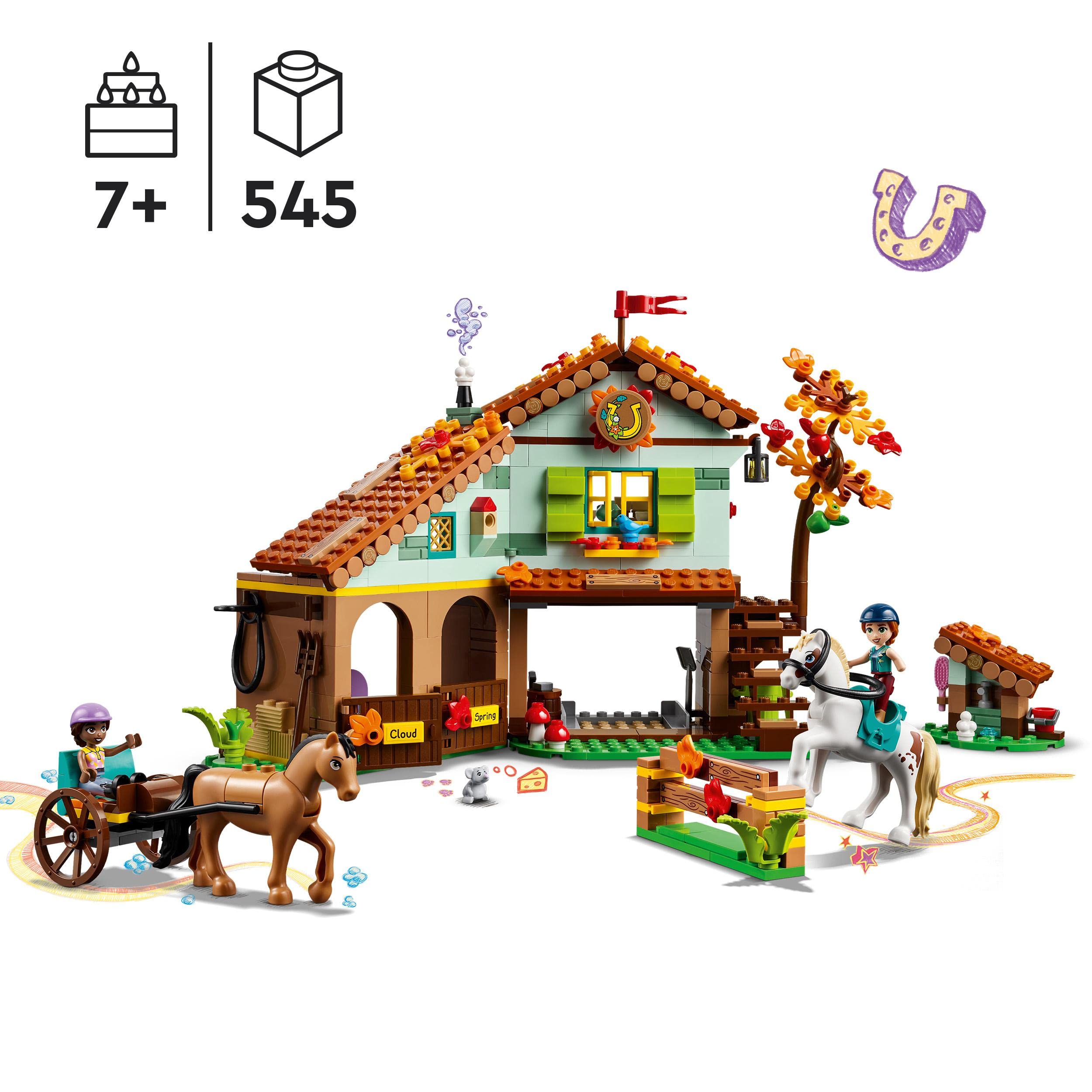 LEGO Friends La Scuderia di Autumn con 2 Cavalli Giocattolo, Carrozza e Accessori per l'Equitazione, Fattoria con Animali, Regalo per Bambine e Bambini dai 7 Anni 41745
