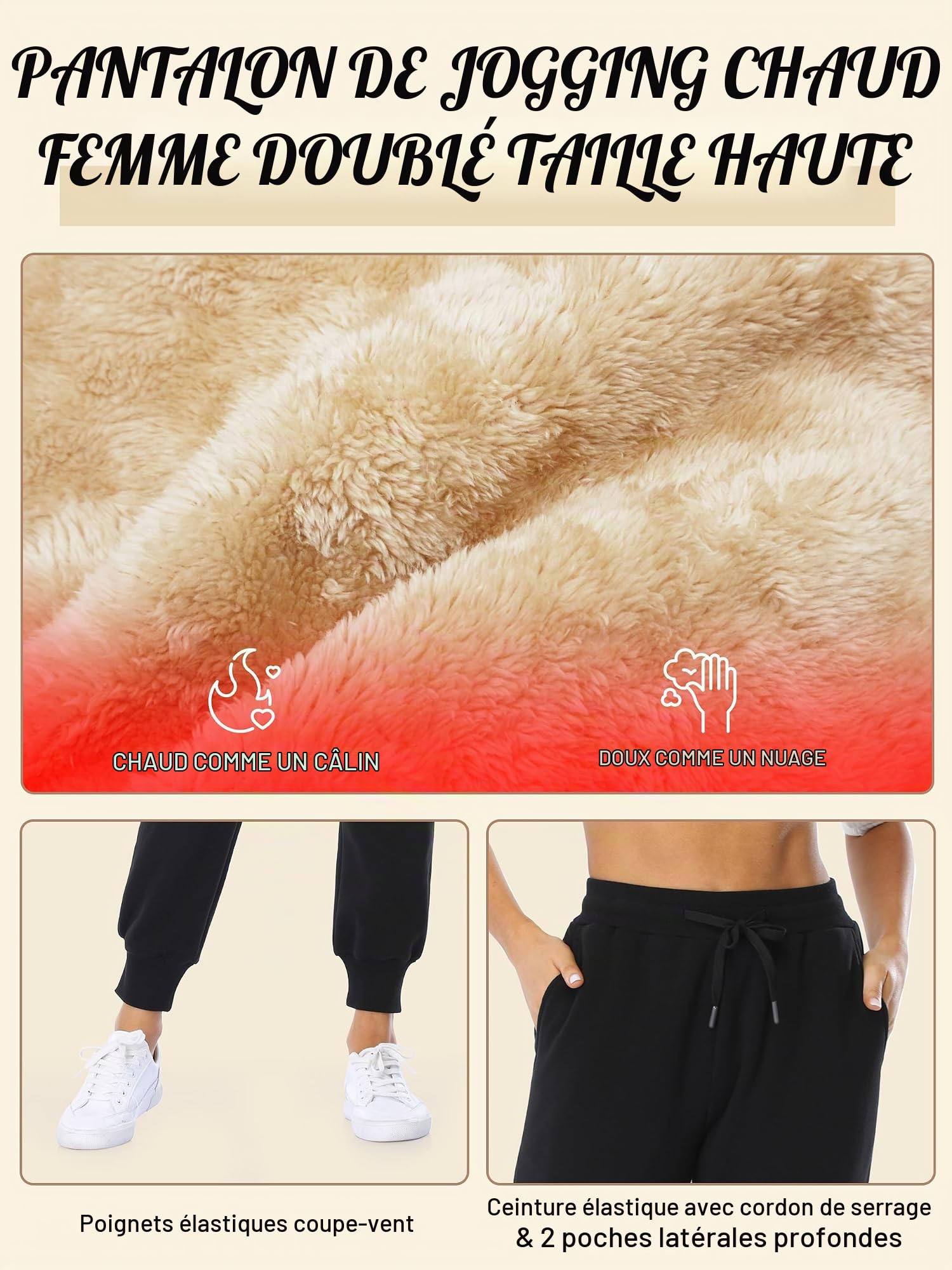 MOVE BEYOND Pantalon de Jogging en Polaire Femmes avec 2 Poches Longue Pantalon de Chaud Doublé en Sherpa avec Cordon Sweatpants Hiver