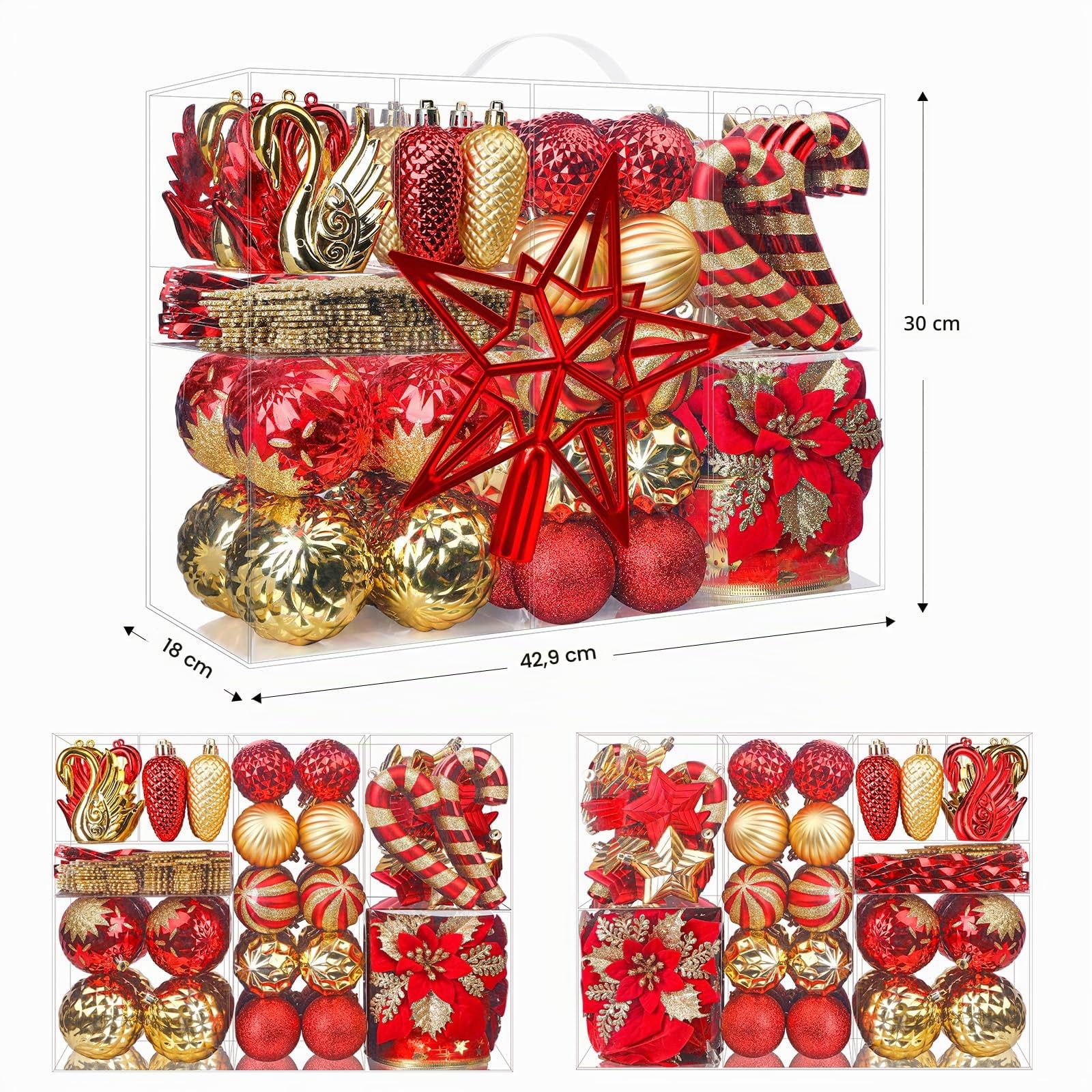 Alupssuc 128 Pezzi Palline di Natale Ornamenti Set, Decorazioni per Albero di Natale Infrangibili Palline, Fiori di Natale, Nastro, Puntale per Albero di Natale Festa di Nozze con Ganci, Rosso & Oro