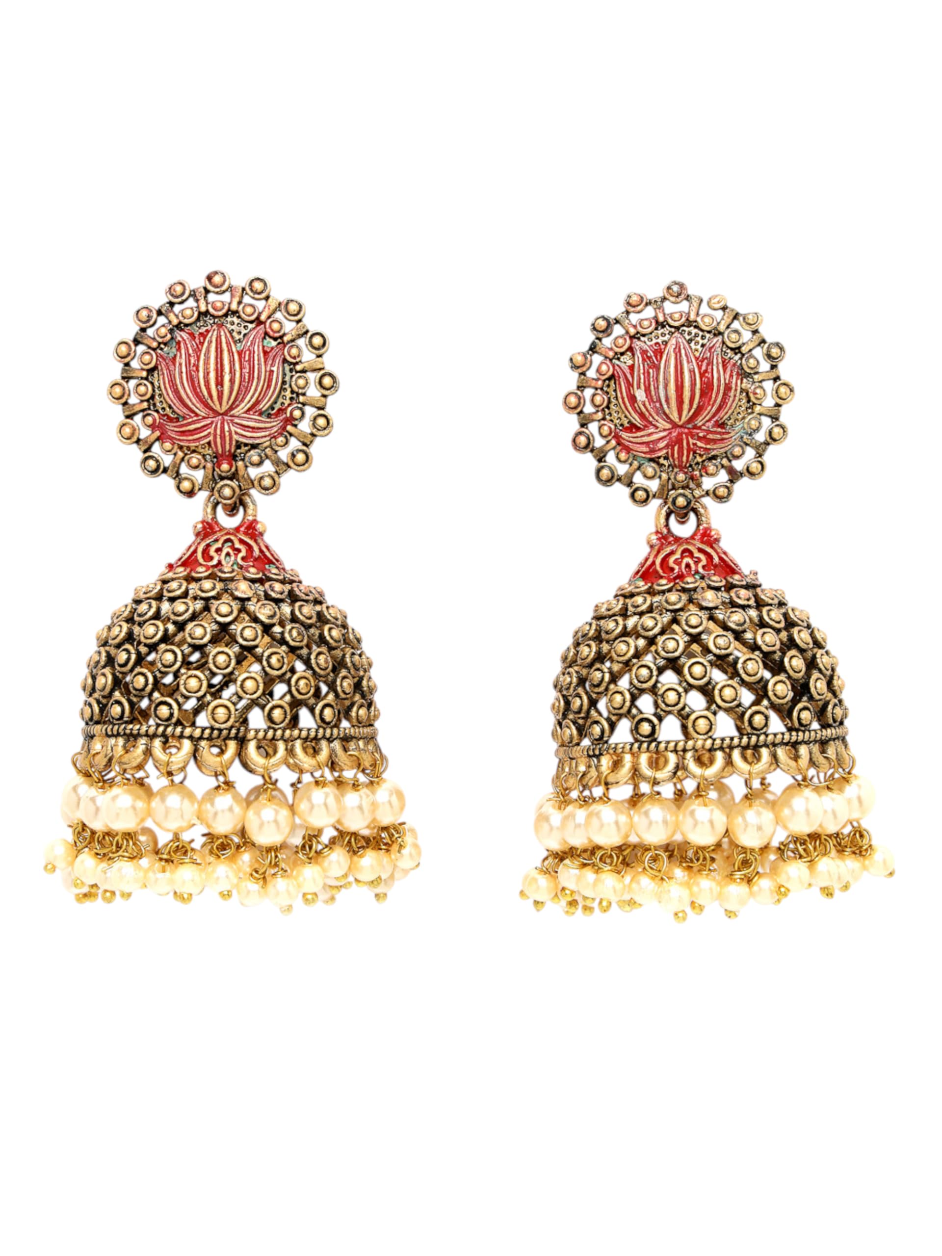 ADIVA Antique Gold-Plated Sea Green Hand-Painted Pearl Floral Shape Jhumka Earrings