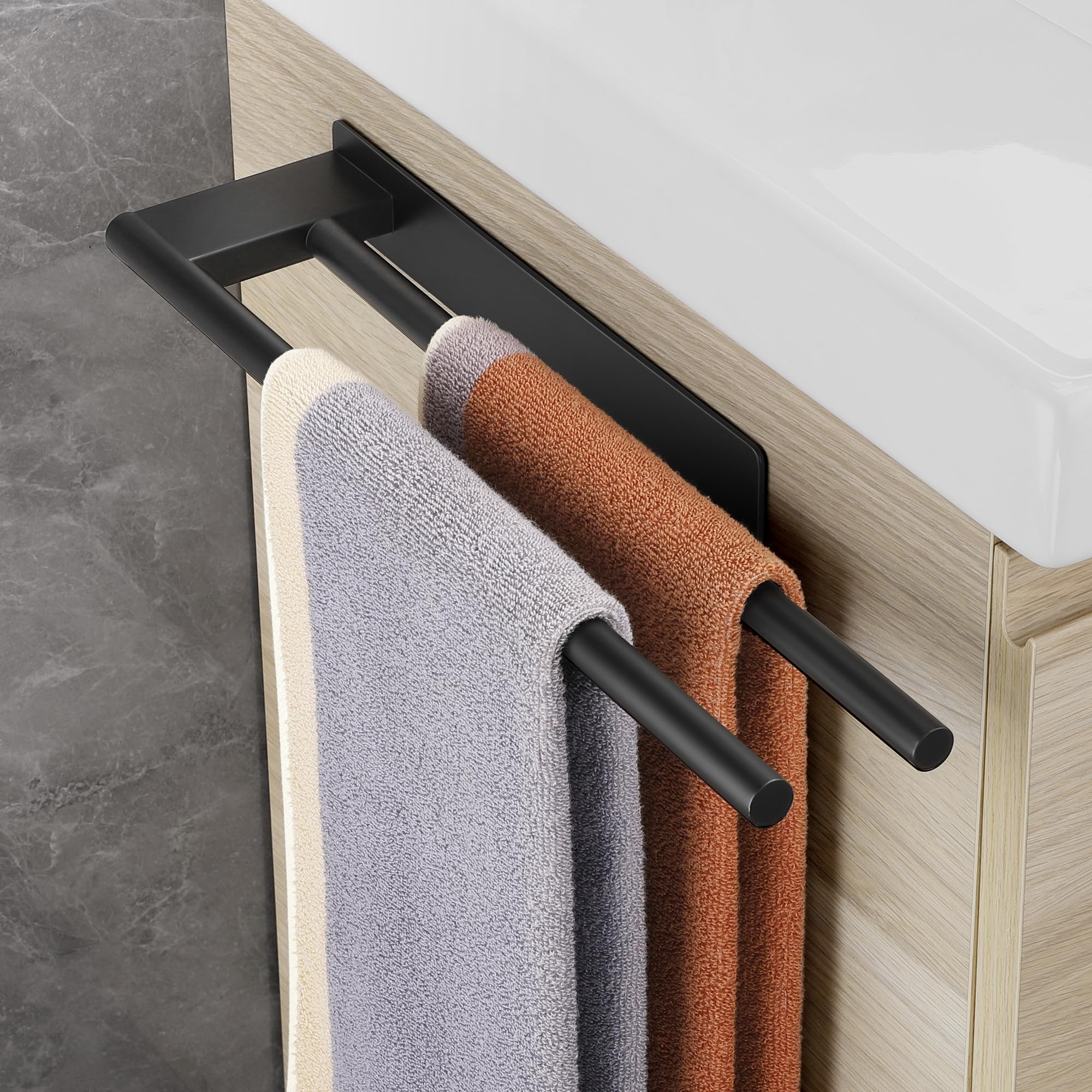 Adhesive Towel Bar Double Bar Bathroom Towel Racks Drillless Stainless Steel Towel Hanger Bathroom Wall 39 cm, Black