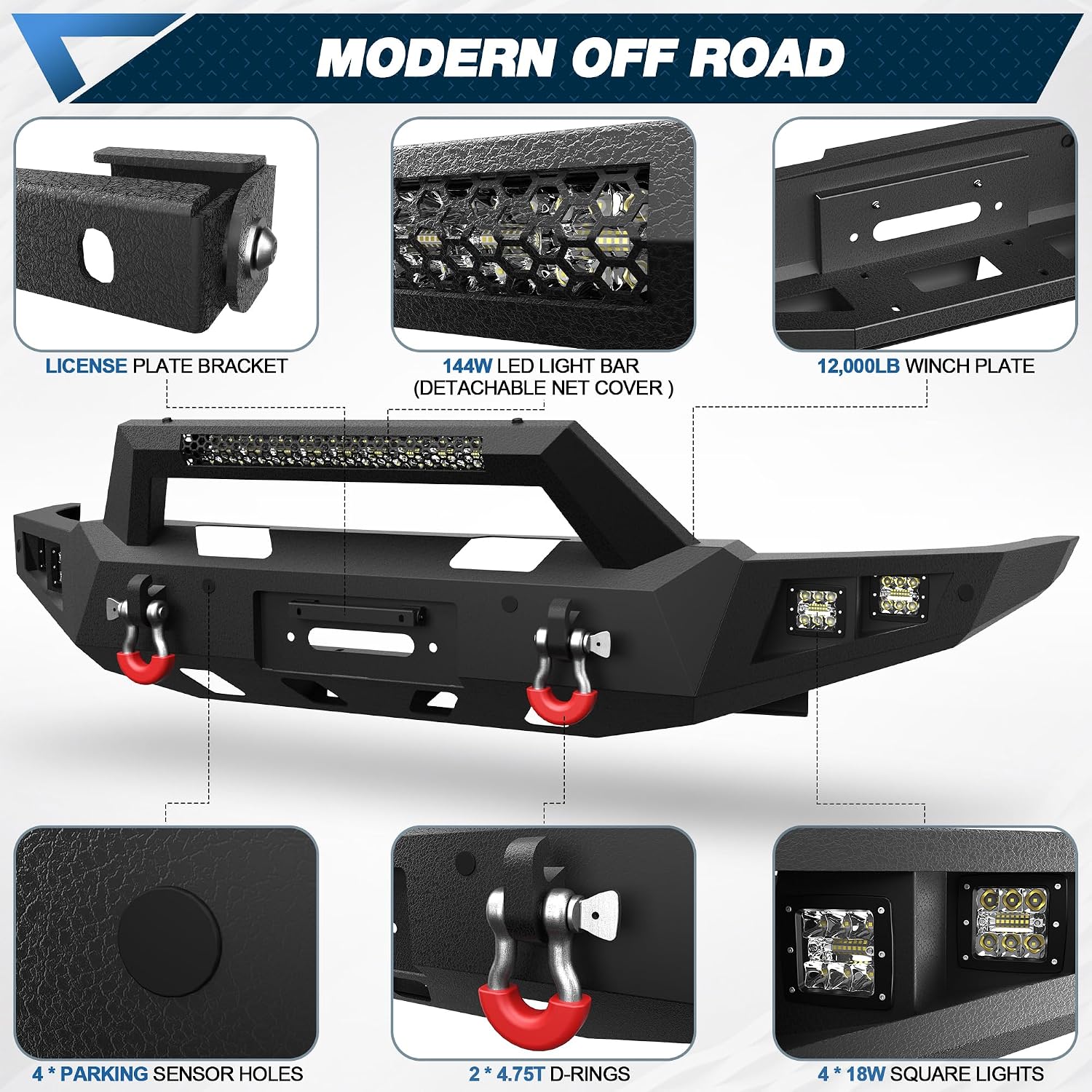 21-25 Ram 1500 TRX Front Bumper Full Width Offroad Bumper w/Winch Plate, 144W Light Bar, 4x18w Lights, D-rings, License Plate Bracket for 2021-2025 Ram 1500 TRX Only