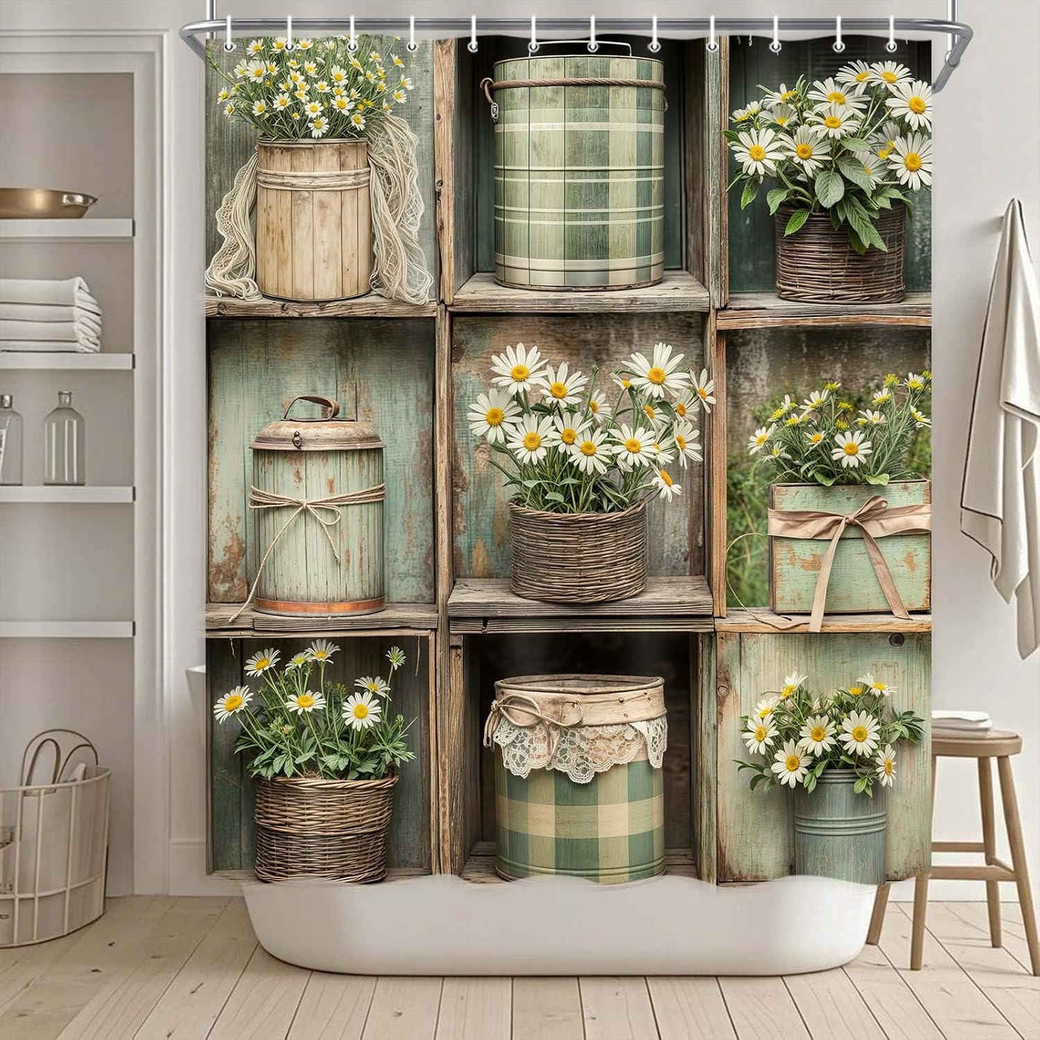 Drgilau Rustic Barn Door Shower Curtain, Farmhouse Wooden Shower Curtain Vintage Country Cotton Flowers Bathroom Curtain Decor Waterproof Bath Curtain Sets with 12 Hooks, Brown-2 69X78 Inch