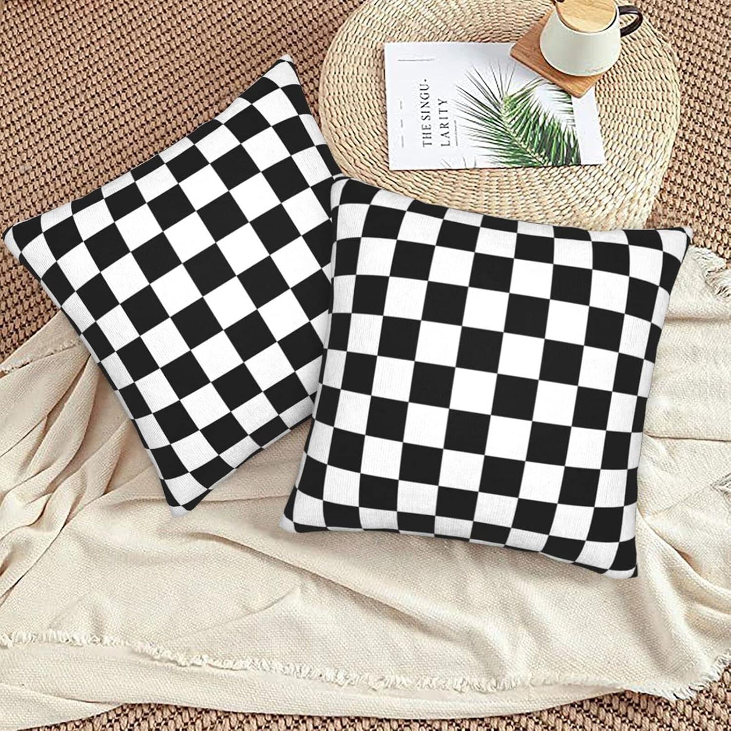 Fiokroo Black and White Checkered Plaid Throw Pillow Covers Set of 2 Pillow Cushion Cases Square Pillowcases for Sofa Bedroom Living Room Car, 22 X 22 Inch image 5