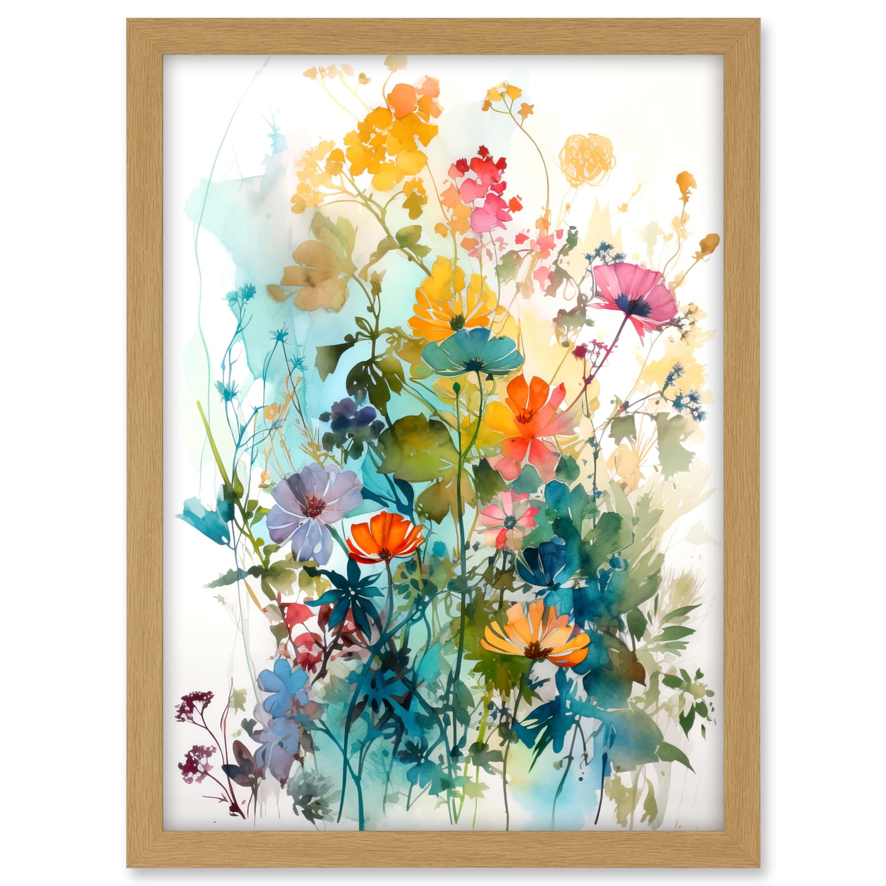 Artery8 Wild Flowers Watercolour Painting Rainbow Colour Bright Floral Spring Field Artwork Framed A3 Wall Art Print
