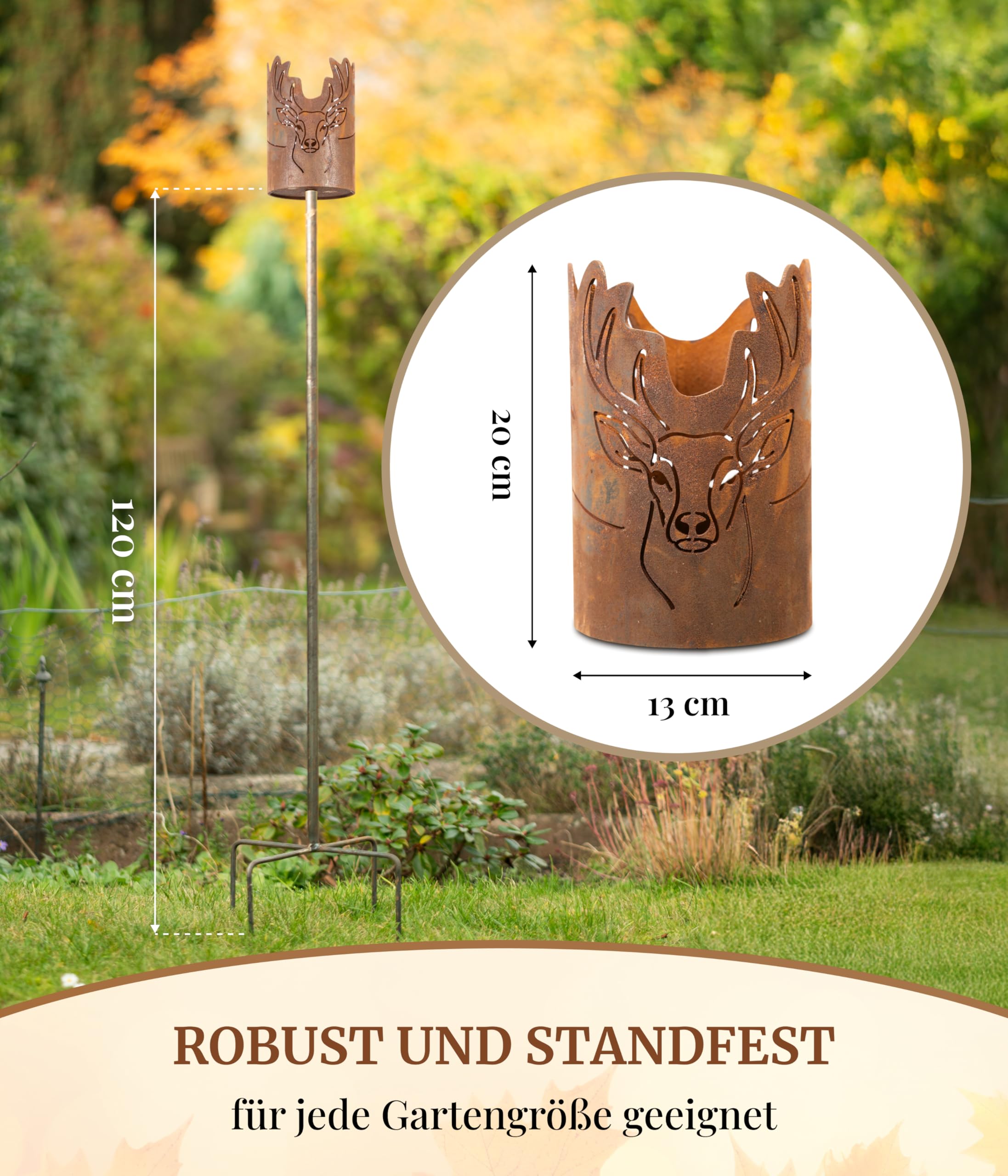 Gartenfackel mit Hirschmotiv – Rostoptik Fackel - Massiv aus 3mm Stahl mit abnehmbarem Oberteil – Wetterfeste Gartendeko, ideal für Lichtakzente im Garten – Perfekt für Gartenliebhaber