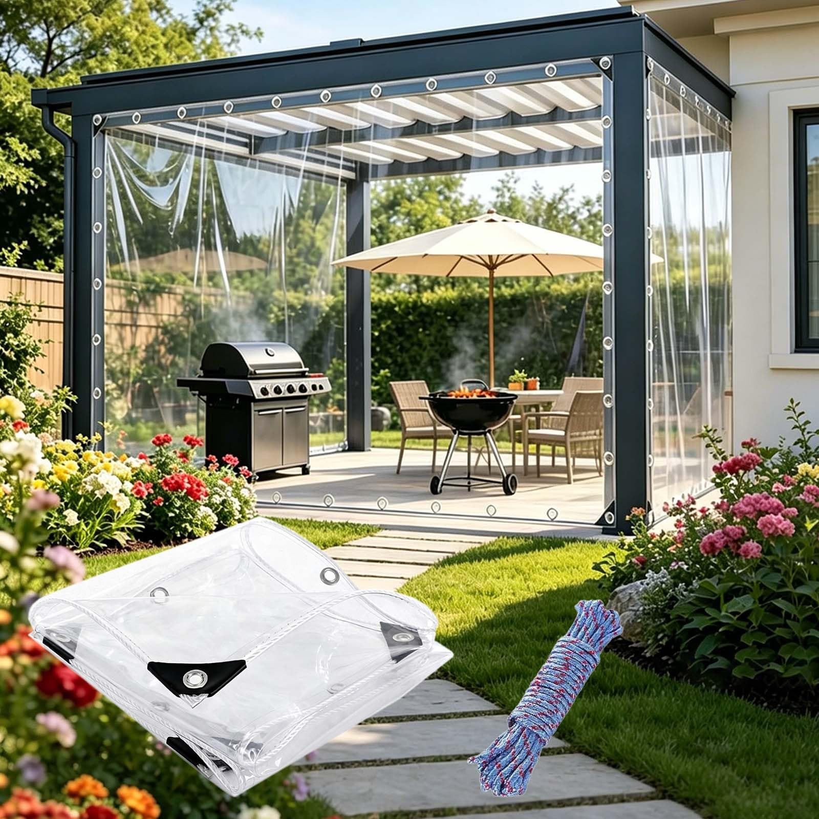 Clear Tarpaulin Waterproof 175 x 175 cm Reinforced Edge, Tear Resistant, with Rope Transparent PVC Tarp Sheet, Gazebo Waterproof Cover for Greenhouse Or Barn, transparent
