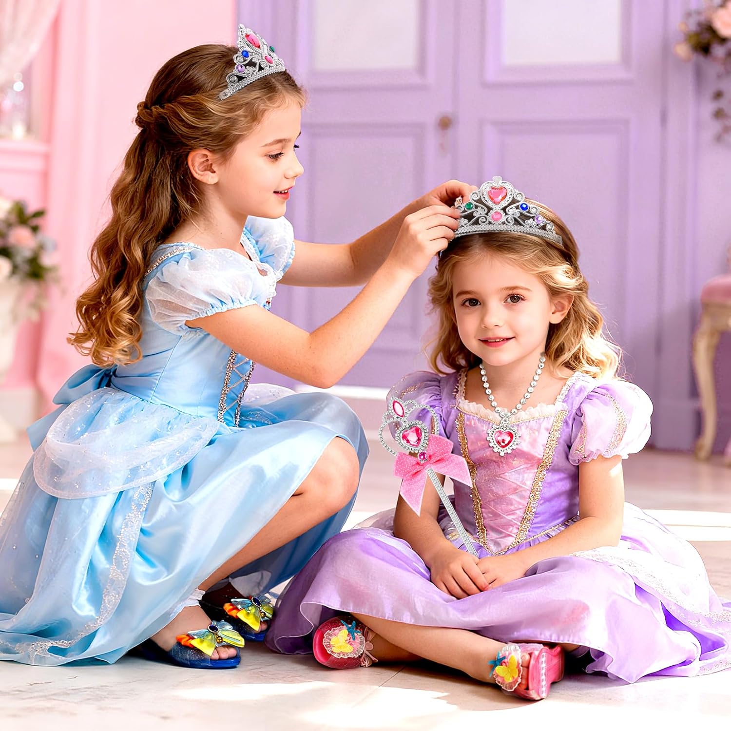 Princess Dress Up Shoes Set, Toddler Princess Shoes for Girls, Pretend Play Dress Up Toys with Princess Necklace, Crown and Wand Set for Little Girls Gift Aged 3-6 Years Old - Image 6