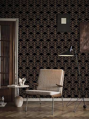 Miniatura 5 de Papel tapiz geométrico para despegar y pegar, papel de contacto hexagonal geométrico para gabinetes, papel tapiz negro y dorado para baño,