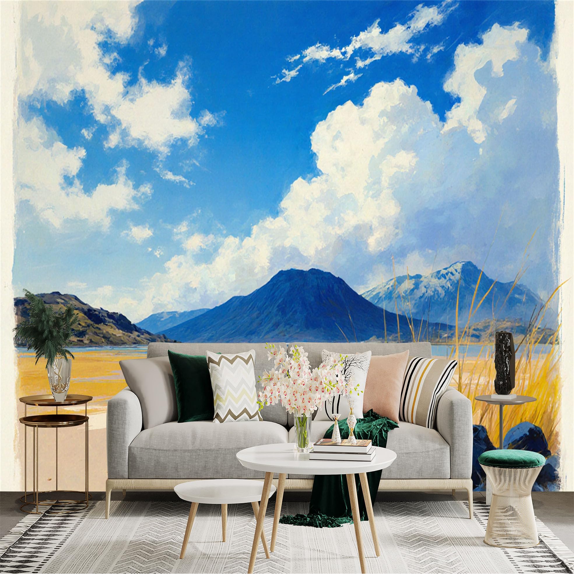 Custom Size Wall Sticker Mural， Scenic Mountain Landscape， Vast Blue Sky with Clouds， Tranquil Shoreline View， Natural Horizon Scene， for wall Decoration， peelandstick wall Decals.