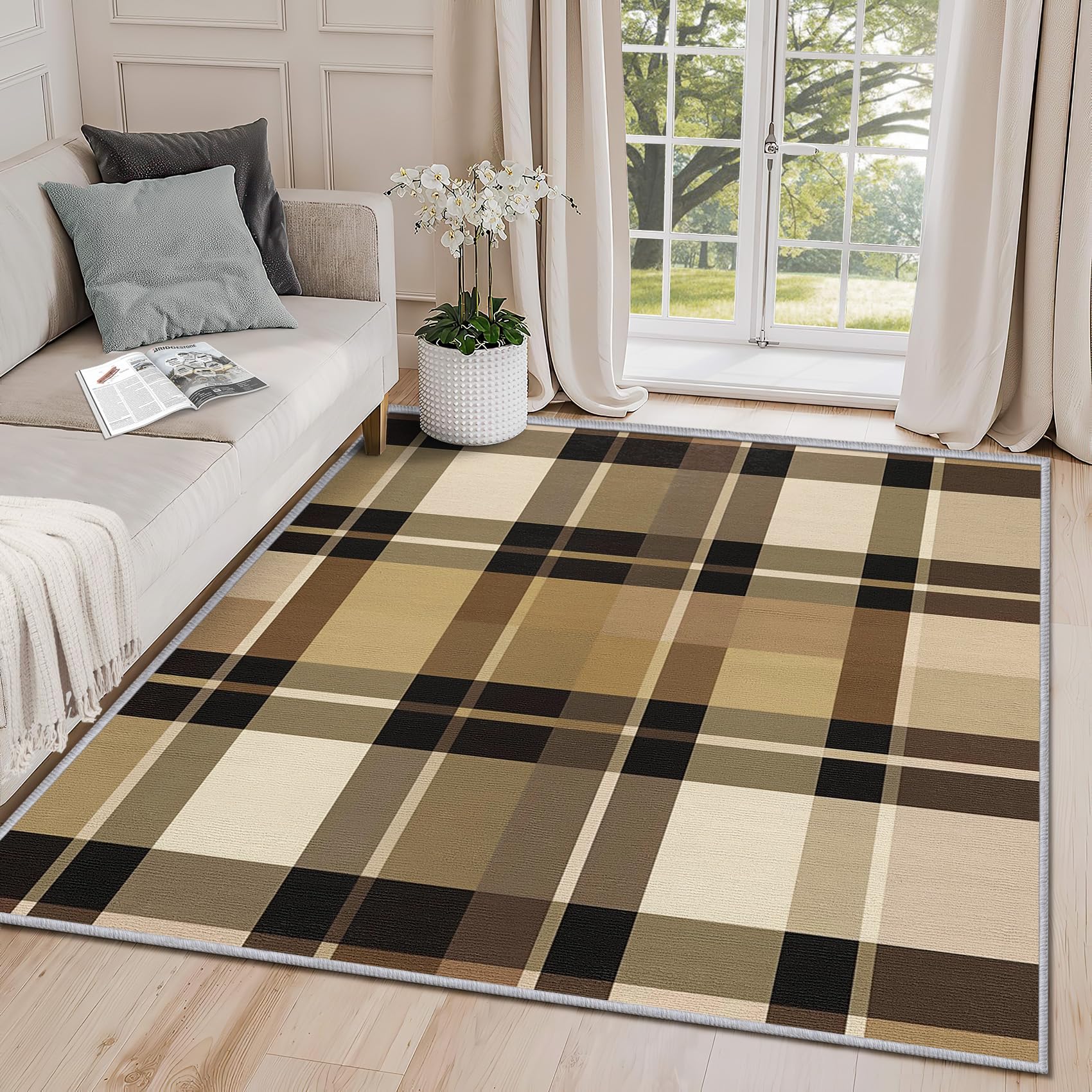 Clofmor Buffalo Check Rugs for Living Room - Traditional Plaid Checkered Washable Non Slip Short Pile Bedroom Carpet House Decoration, 120x170cm, Brown