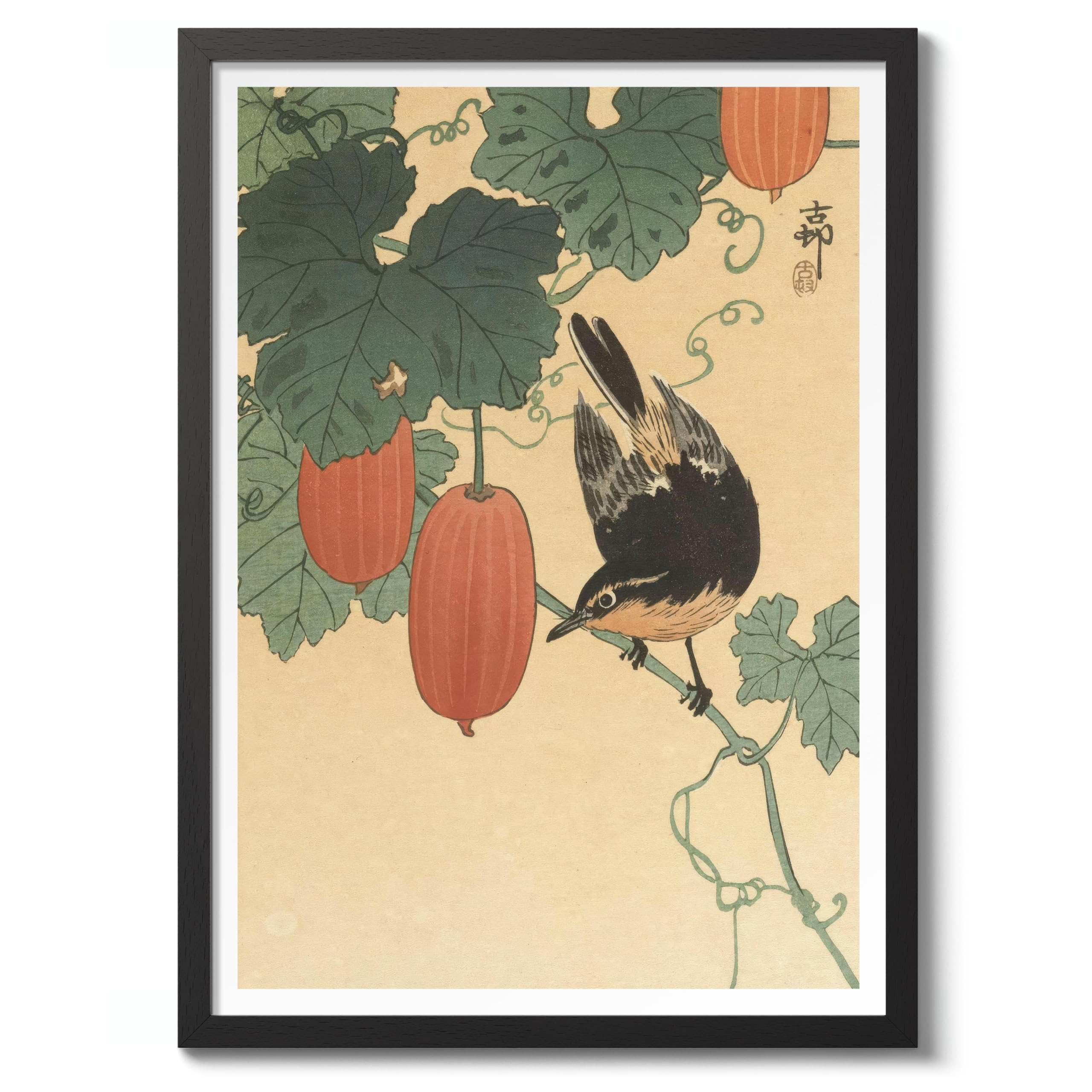 Bird & Persimmon Ohara Koson Poster, Japanese Woodblock Ukiyo-E Print, Vintage Bird Art Picture Animal Painting Wall Art Exhibition, Japan Birds Home Decor, A3 (Black Frame) - 45x32.8cm โ image 1