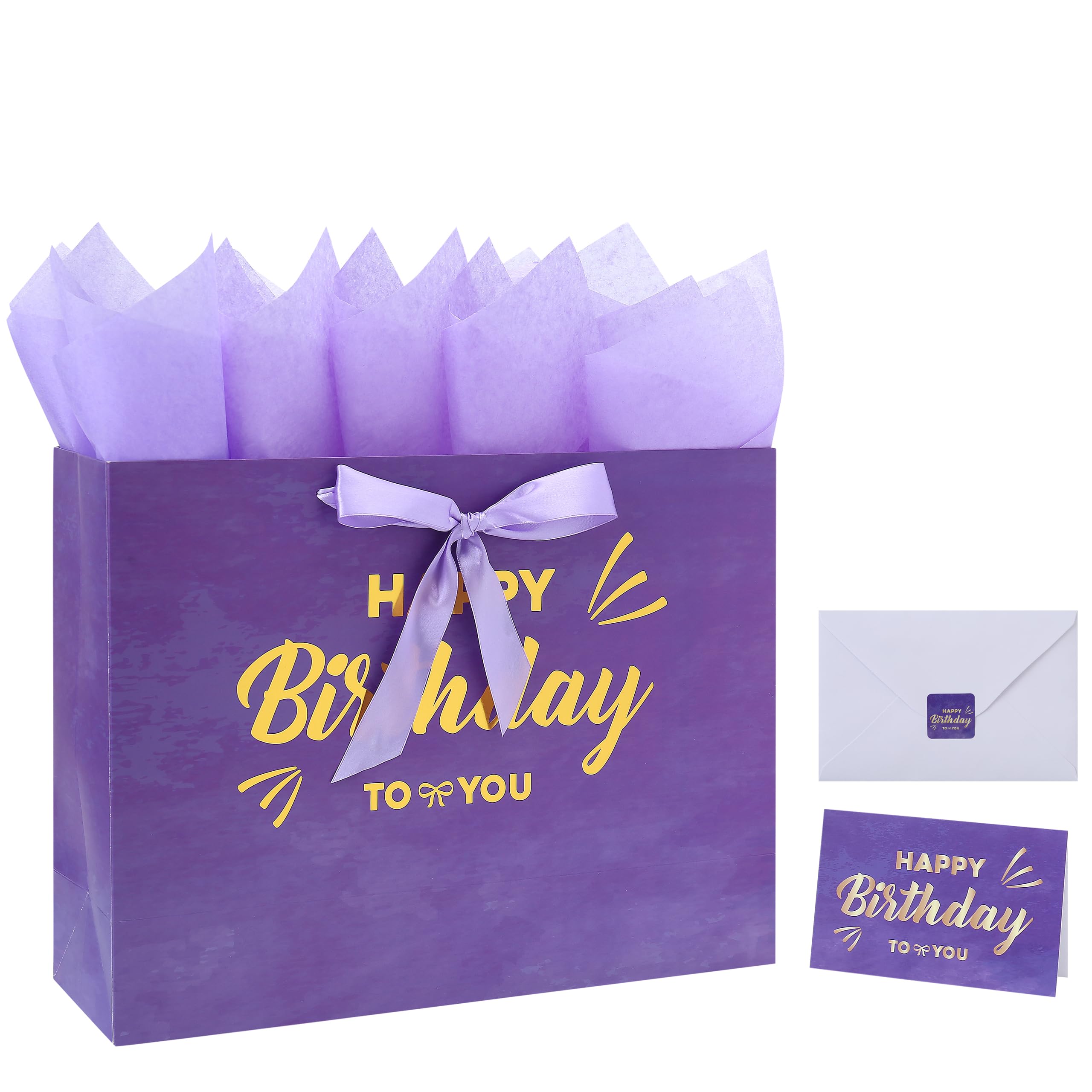 Extra Large Purple Painting Gift Bag Set with Greeting Card and Lavender Tissue Papers - Gold Foil Happy Birthday for Women's and Girls' Parties, Baby