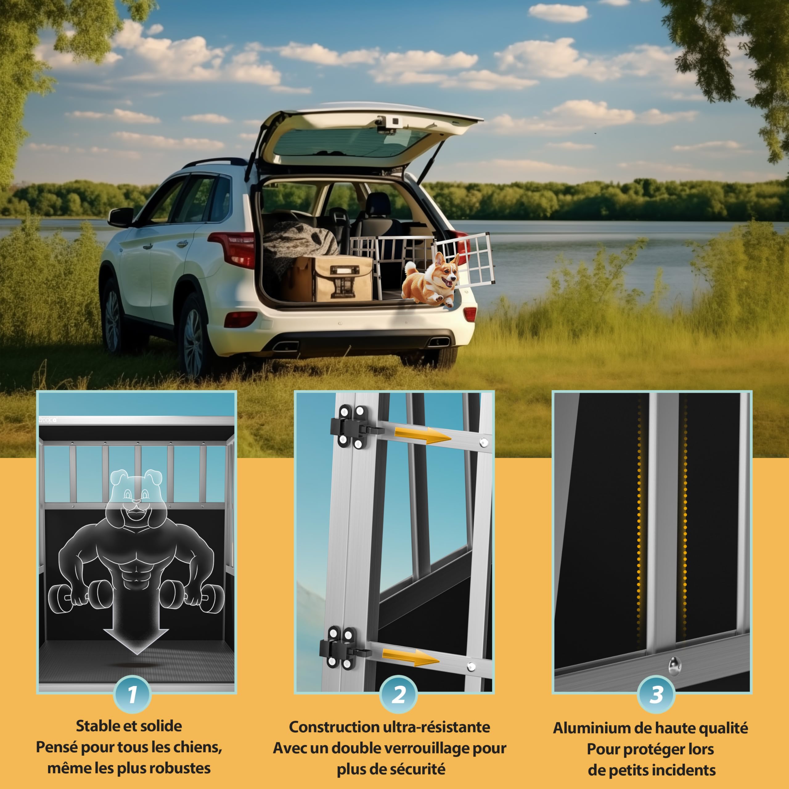 CADOCA® Cage de Transport M pour Animaux Aluminium MDF Noir Argent Caisse Chien boîte Box de Transport Voiture