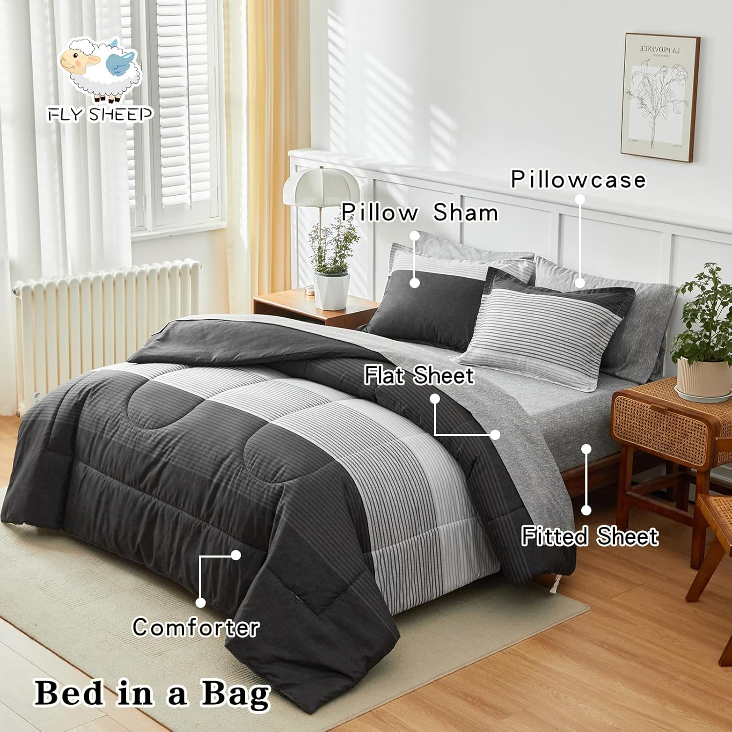 Flysheep Ombre Striped Bed in a Bag 7 Pieces Queen Size, Grey and White Stripes Comforter Sheet Set (1 Comforter, 1 Flat Sheet, 1 Fitted Sheet, 2 Pillow Shams, 2 Pillowcases) - Image 4