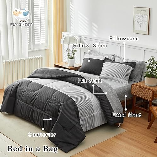 Miniatura 4 de FlySheep Juego de sábanas de 7 piezas con rayas degradadas tamaño King, color gris y blanco (1 edredón, 1 sábana encimera, 1 sábana bajera, 2 fundas