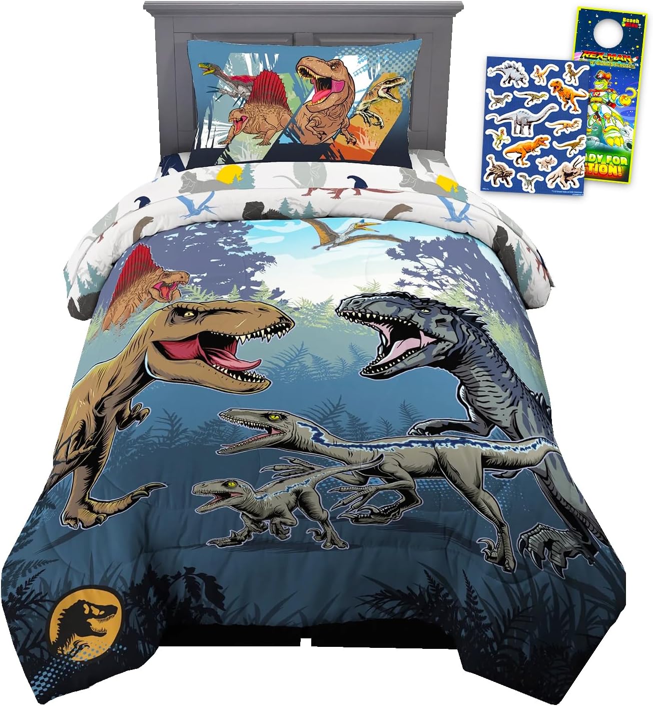 Jurassic World Bedding Set - Bundle with Dinosaur Bedspread for Twin Bed Plus Pillowcase, Stickers, More | Jurassic World Dinosaur Bedroom Decor for Boys